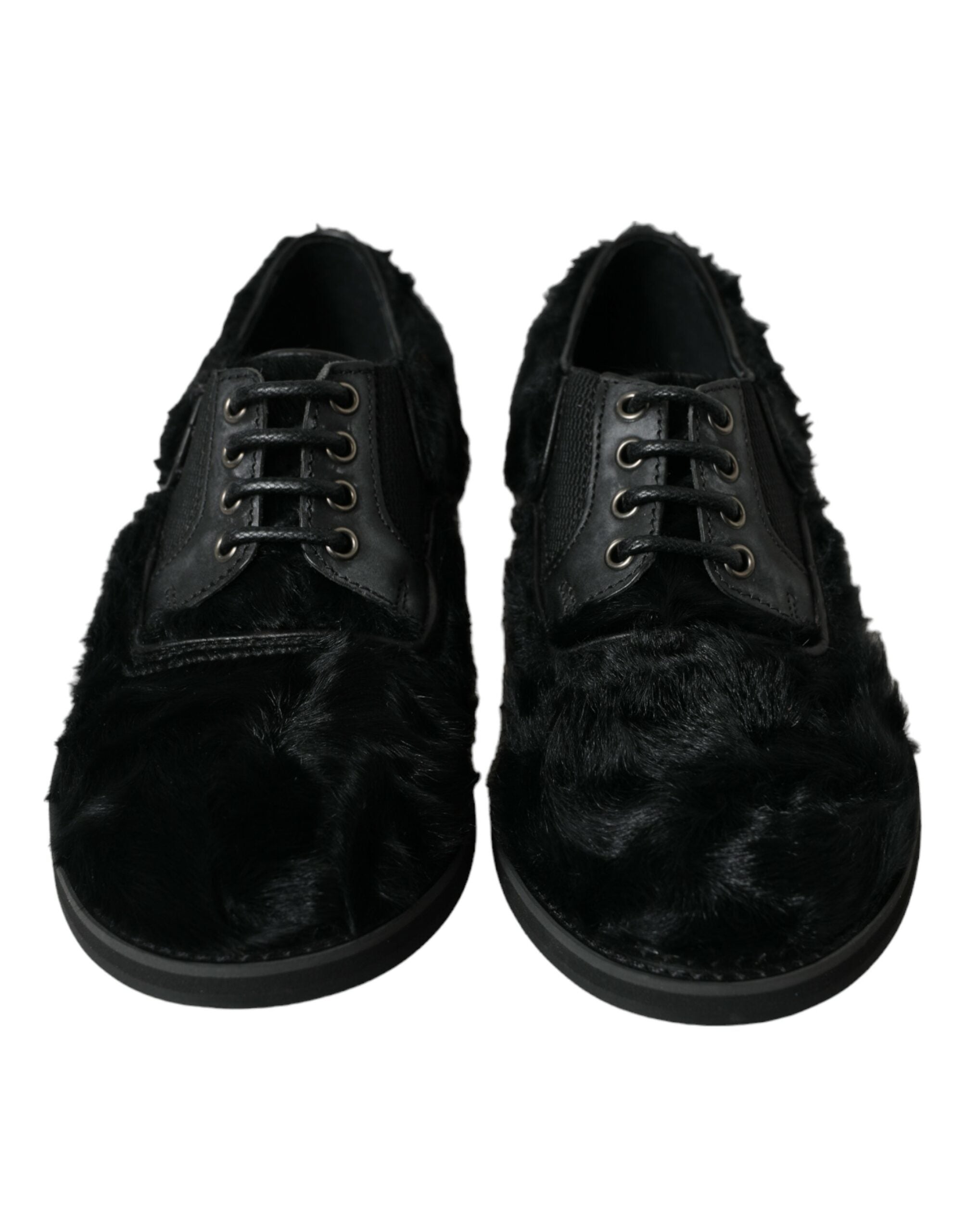 Dolce & Gabbana Schwarze Pelz Leder Schnürschuhe Derby Dress