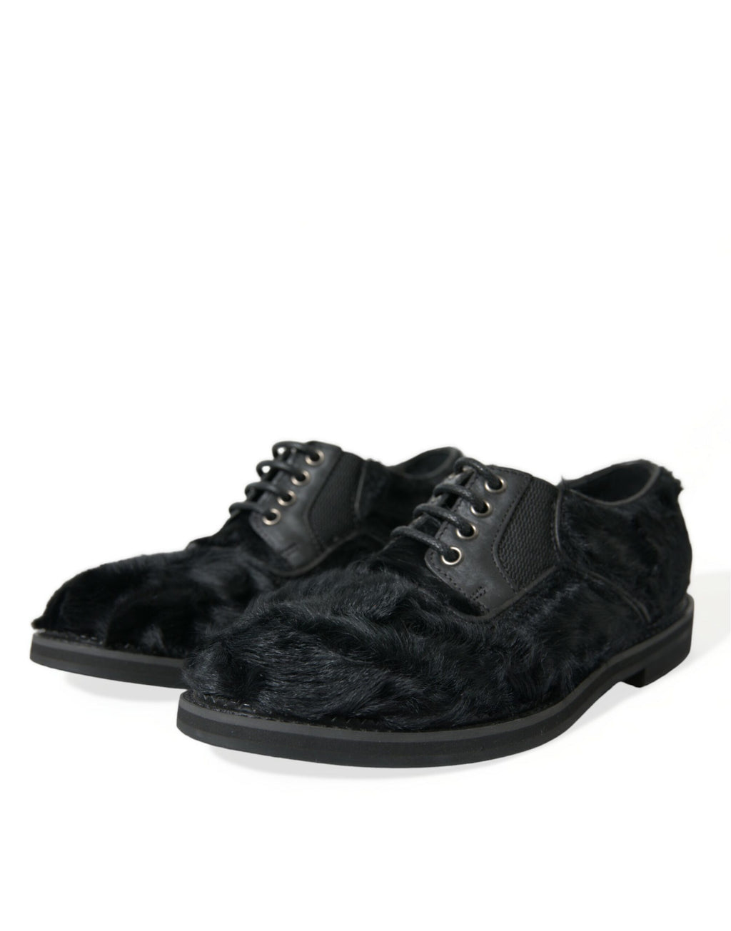 Dolce & Gabbana Schwarze Pelz Leder Schnürschuhe Derby Dress