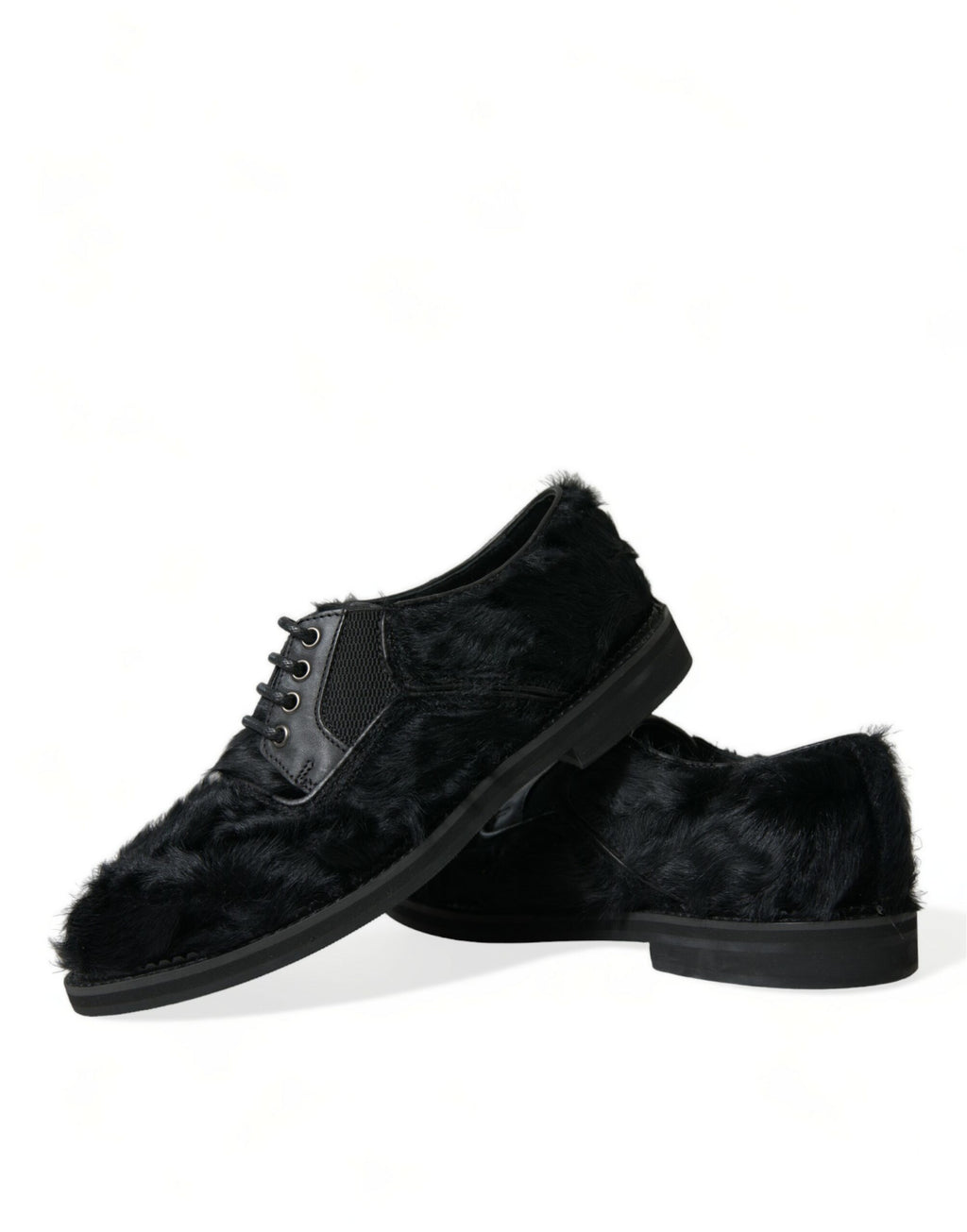 Dolce & Gabbana Schwarze Pelz Leder Schnürschuhe Derby Dress