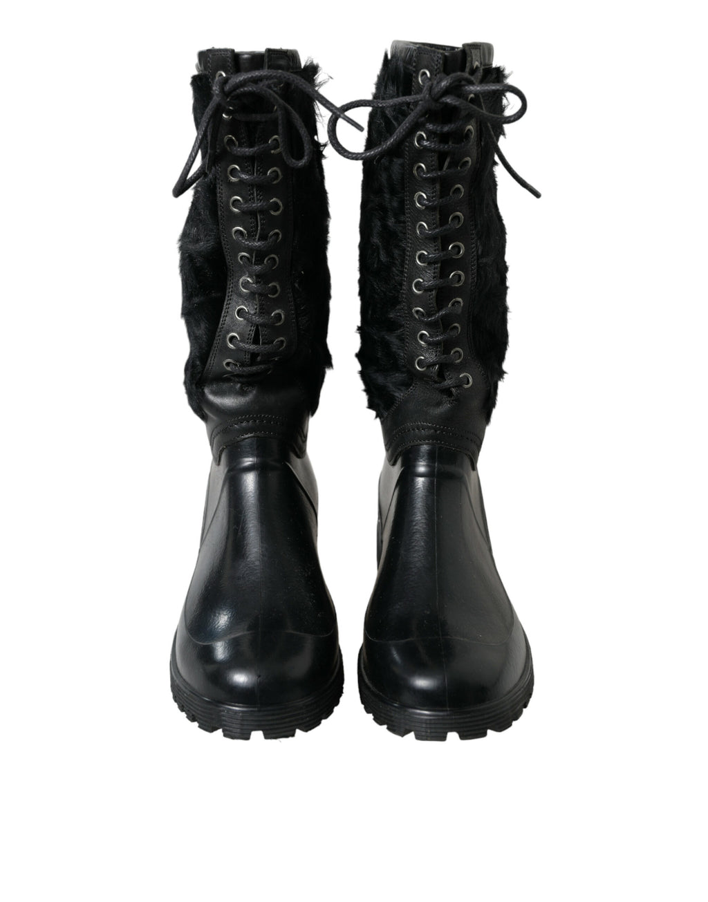 Dolce & Gabbana Schwarze Gummischnürsenkel Shearling Regenstiefel Schuhe
