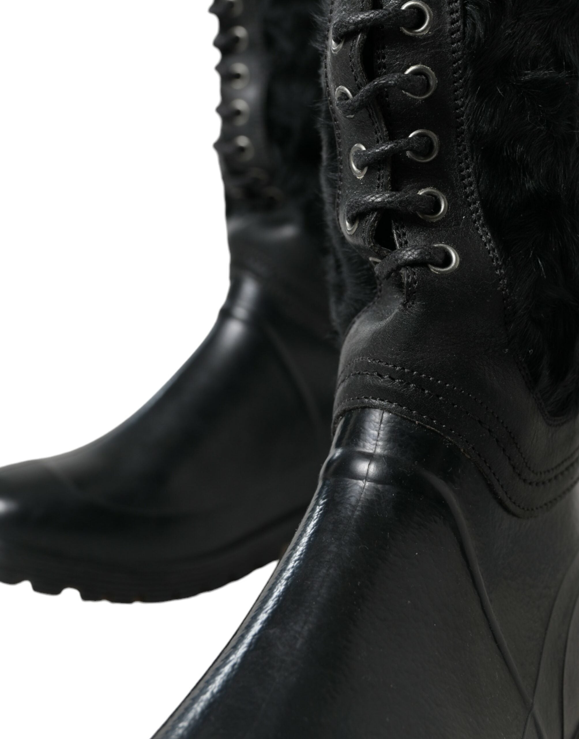 Dolce & Gabbana Schwarze Gummischnürsenkel Shearling Regenstiefel Schuhe