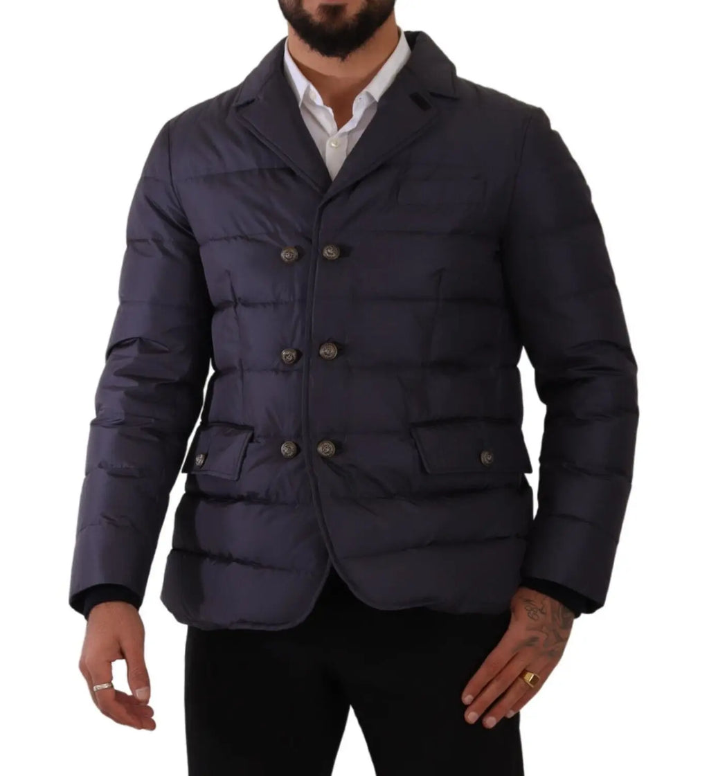 Dolce & Gabbana Blauer Seiden-Ziegenmantel Blouson Winterjacke