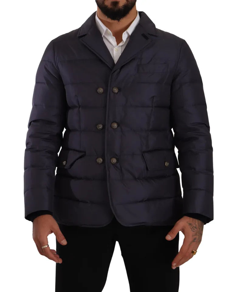 Dolce & Gabbana Blauer Seiden-Ziegenmantel Blouson Winterjacke