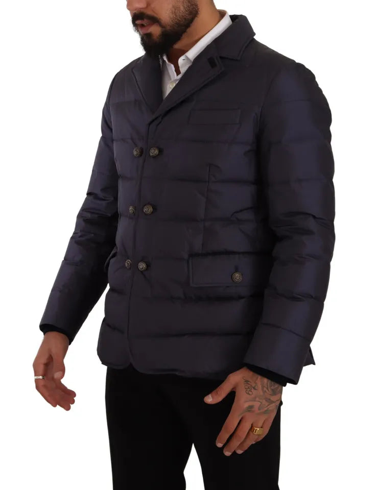 Dolce & Gabbana Blauer Seiden-Ziegenmantel Blouson Winterjacke