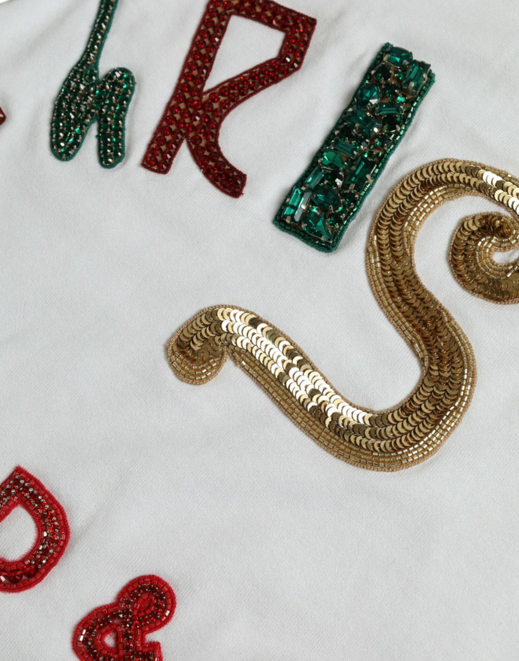 Dolce & Gabbana Weißes Baumwoll-Weihnachts-T-Shirt mit Paillettenpelz