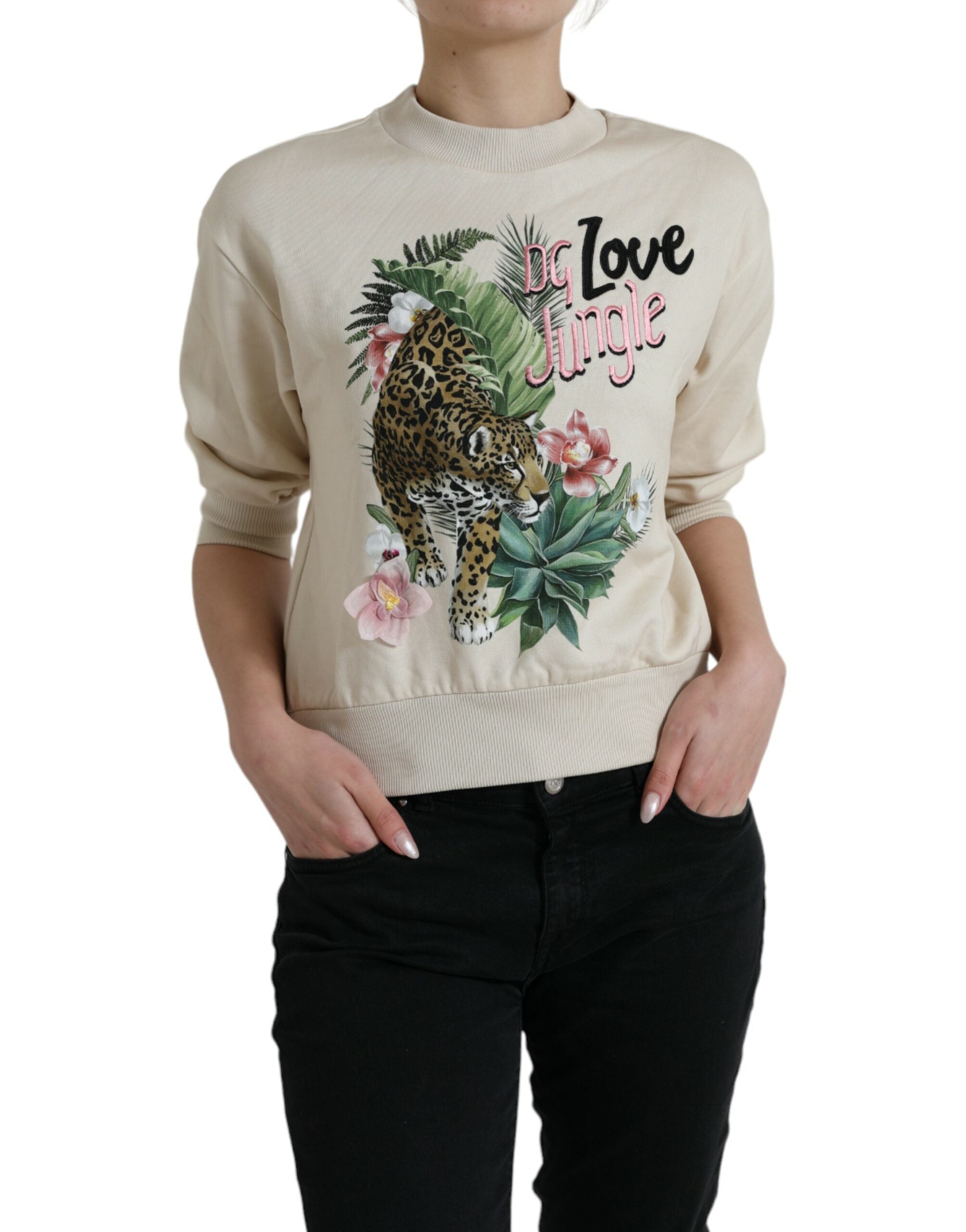 Dolce & Gabbana Beigefarbener Pullover aus bedruckter Baumwolle mit Dschungelmuster
