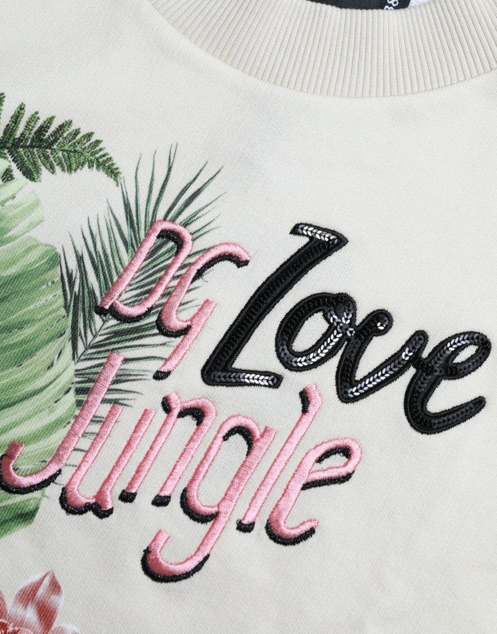 Dolce & Gabbana Beigefarbener Pullover aus bedruckter Baumwolle mit Dschungelmuster