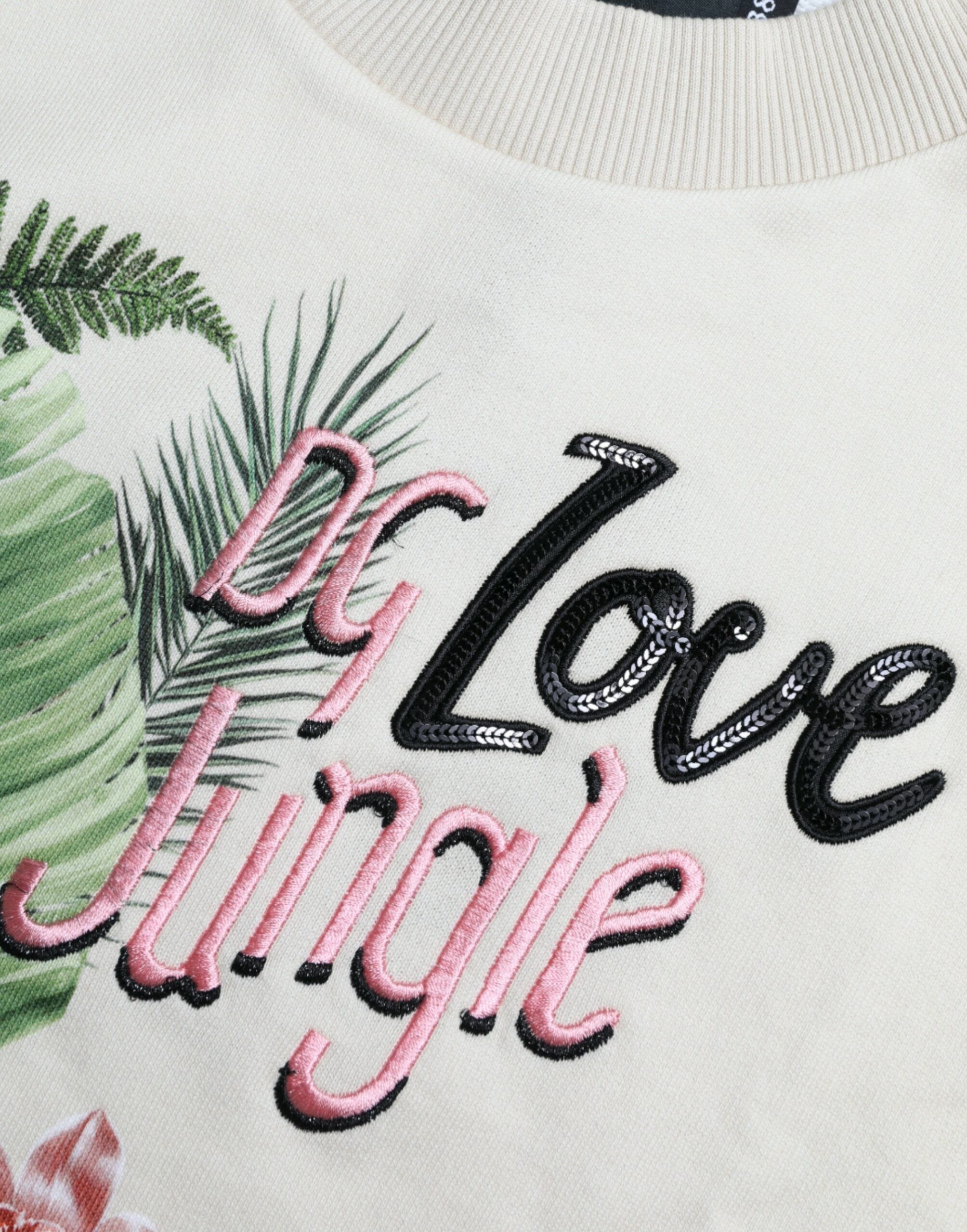 Dolce & Gabbana Beigefarbener Pullover aus bedruckter Baumwolle mit Dschungelmuster