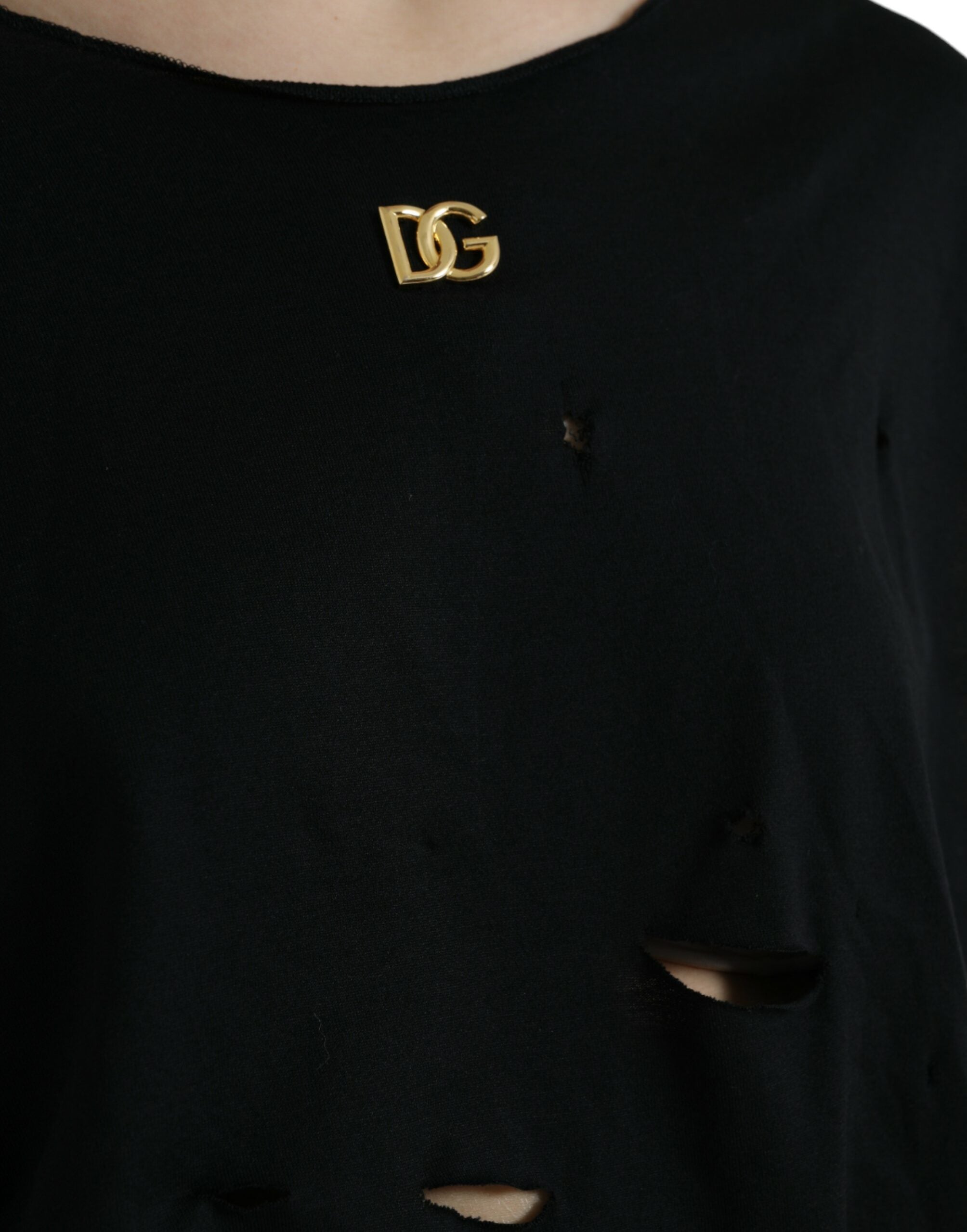 Dolce & Gabbana Schwarzes Baumwoll-Spitzen-Logo-Rundhals-Top