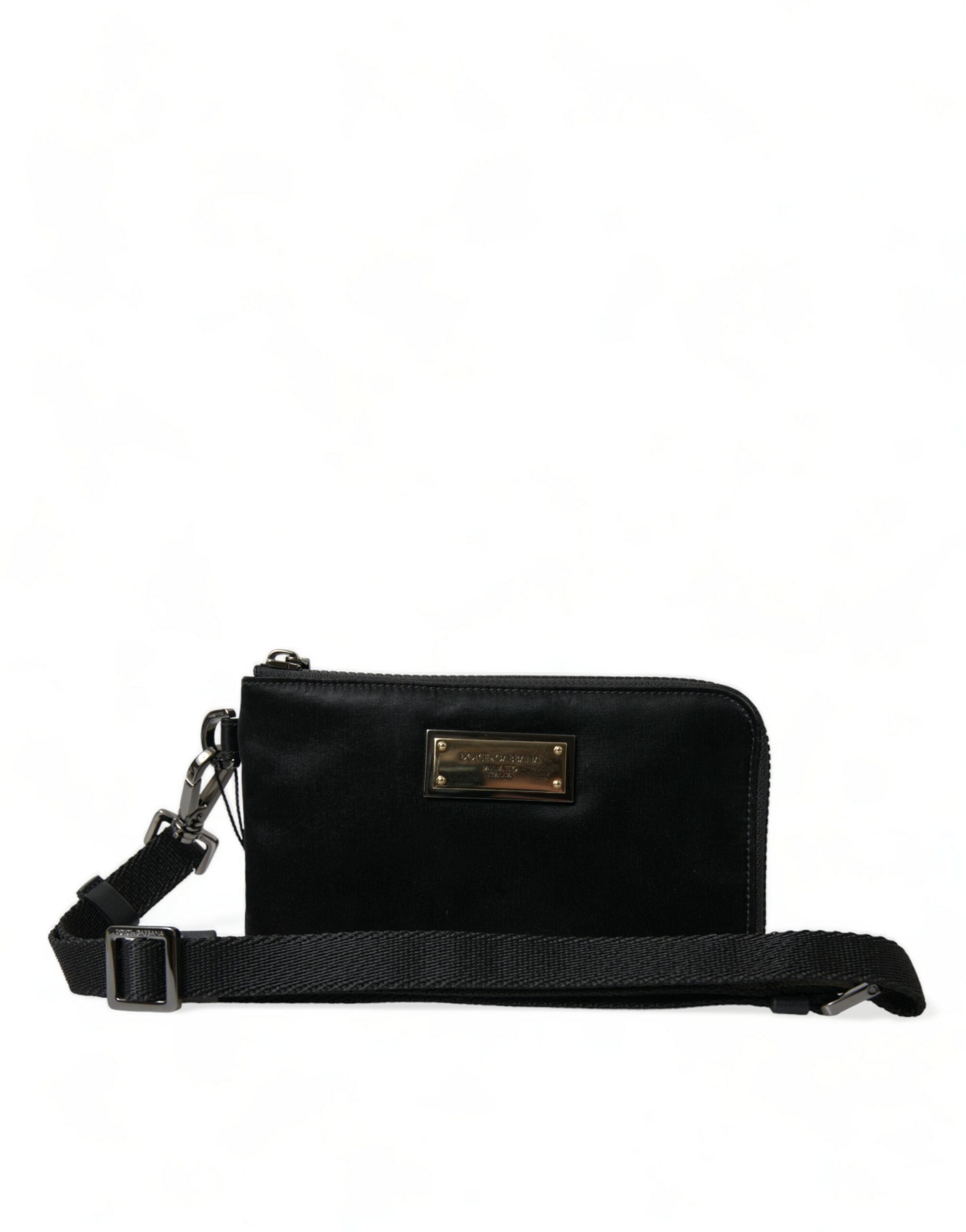 Dolce & Gabbana Schwarzes Nylon Logo Plaque Schlüsselanhänger Tasche Clutch