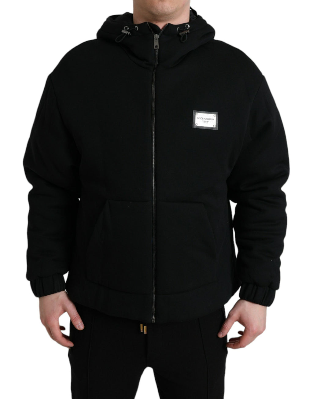 Dolce & Gabbana Schwarze Bomberjacke mit Logo-Kapuze aus Baumwolle