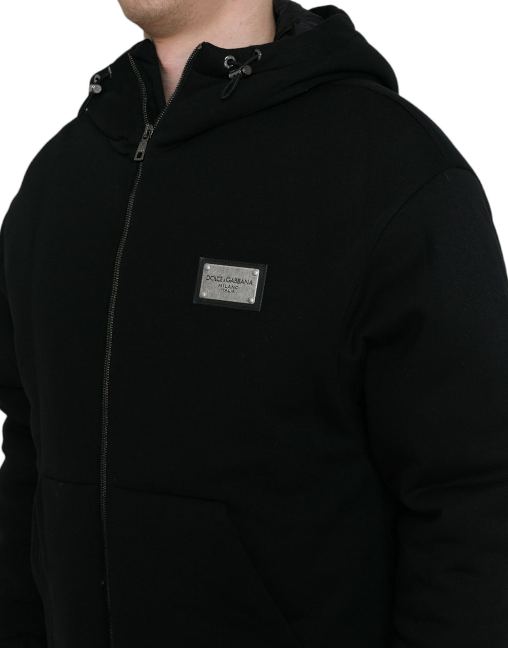 Dolce & Gabbana Schwarze Bomberjacke mit Logo-Kapuze aus Baumwolle