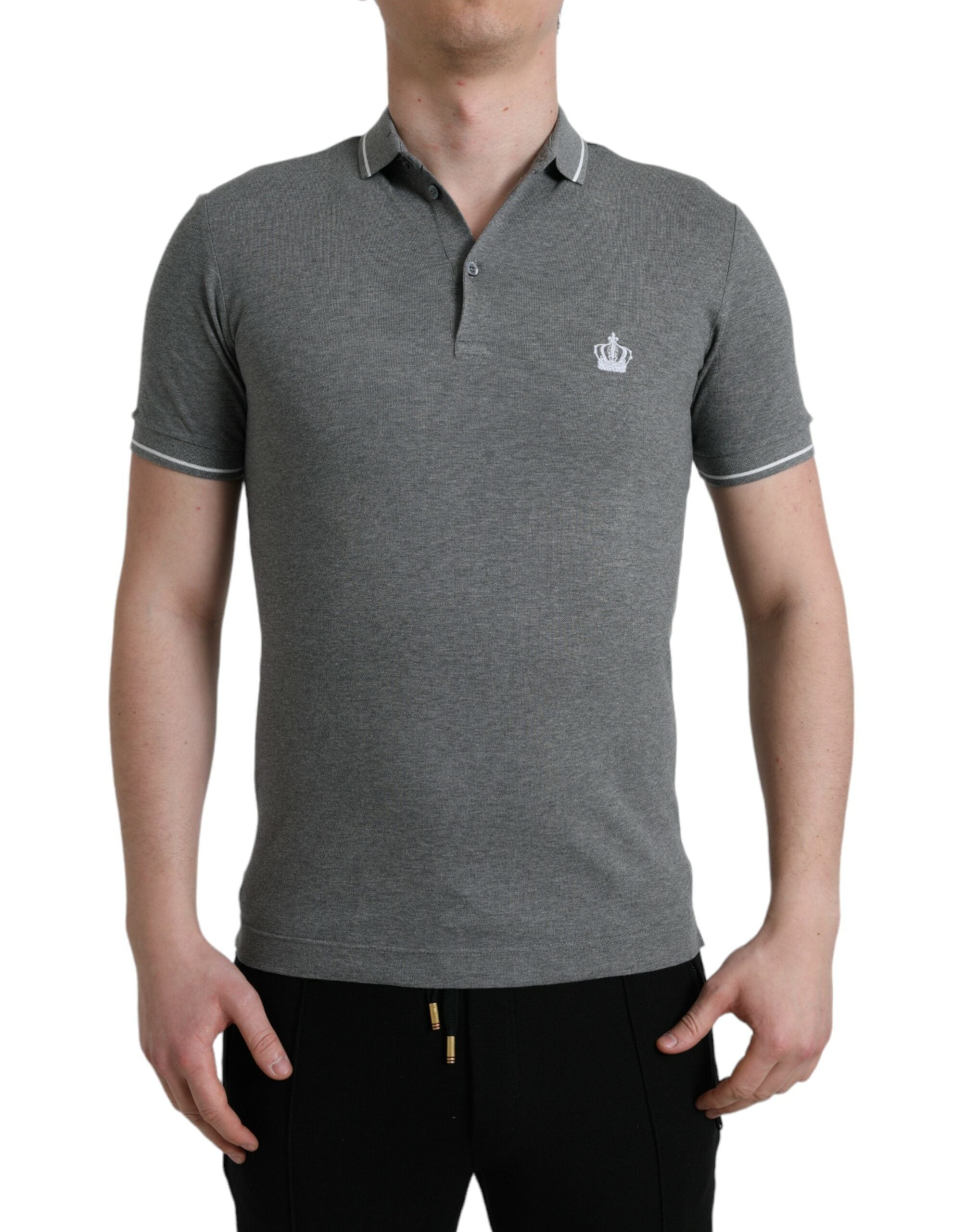 Dolce & Gabbana Graues Kurzarm-T-Shirt mit Kragen und Krone