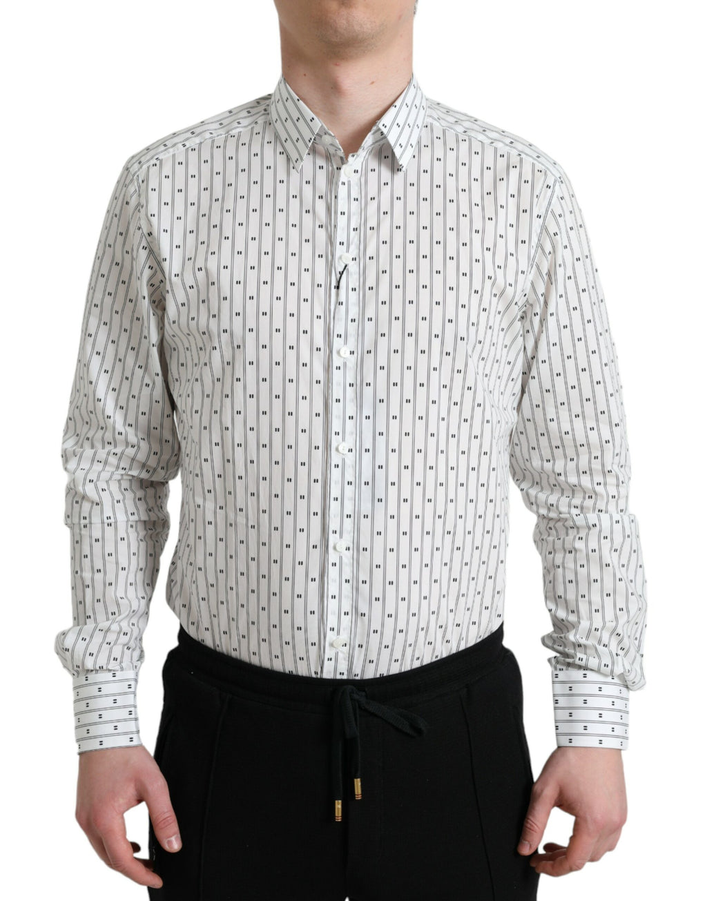 Dolce & Gabbana Weißes gemustertes Herren-Hemd GOLD Formal Dress Shirt