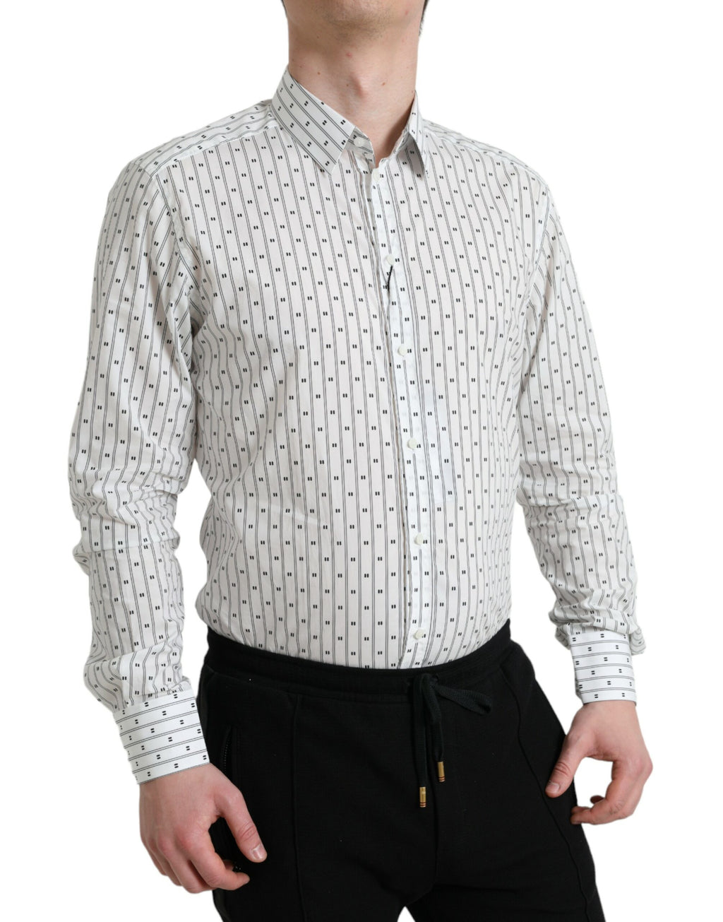 Dolce & Gabbana Weißes gemustertes Herren-Hemd GOLD Formal Dress Shirt