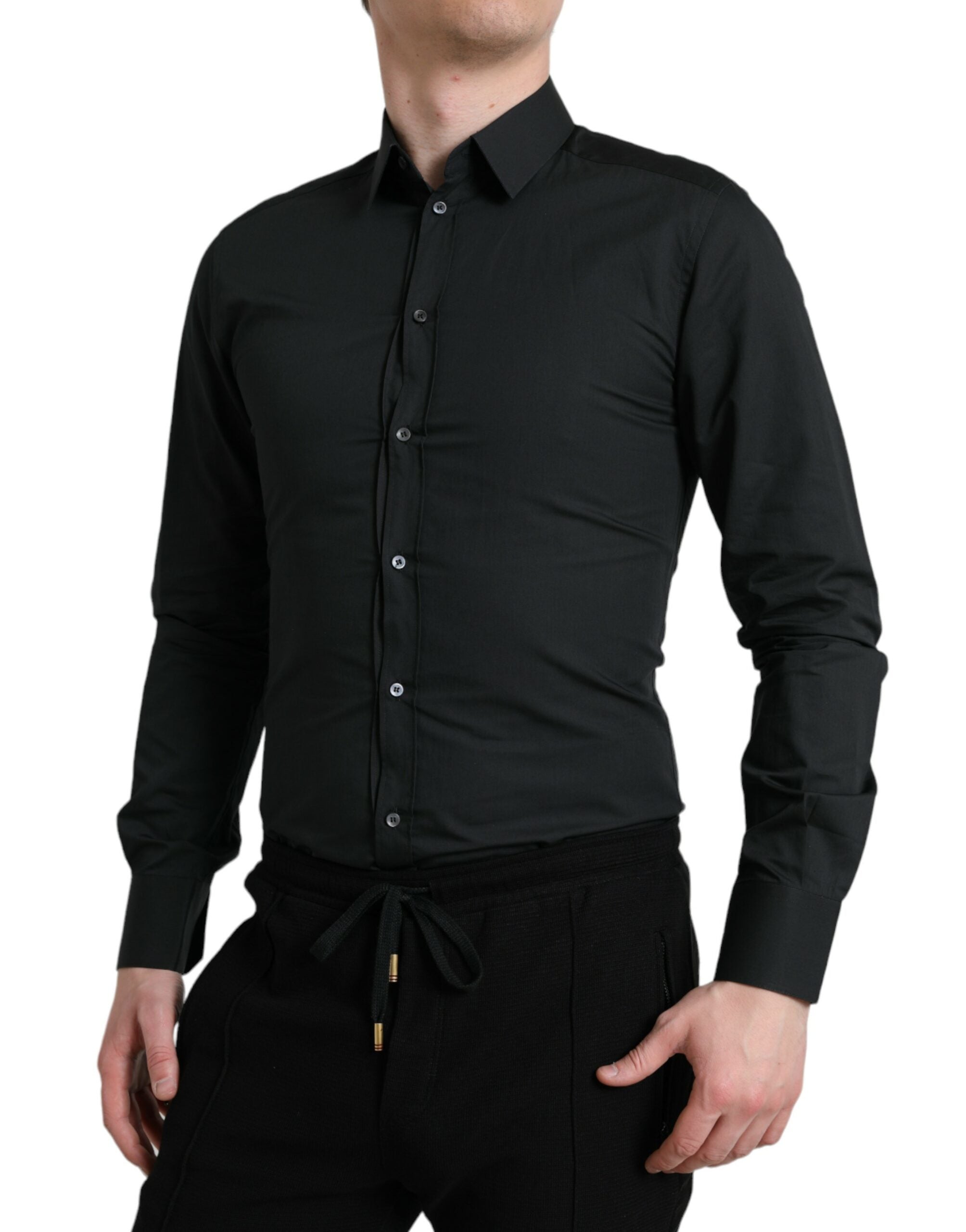 Dolce & Gabbana Schwarzes Baumwoll-Seidenhemd GOLD Formal Dress Shirt