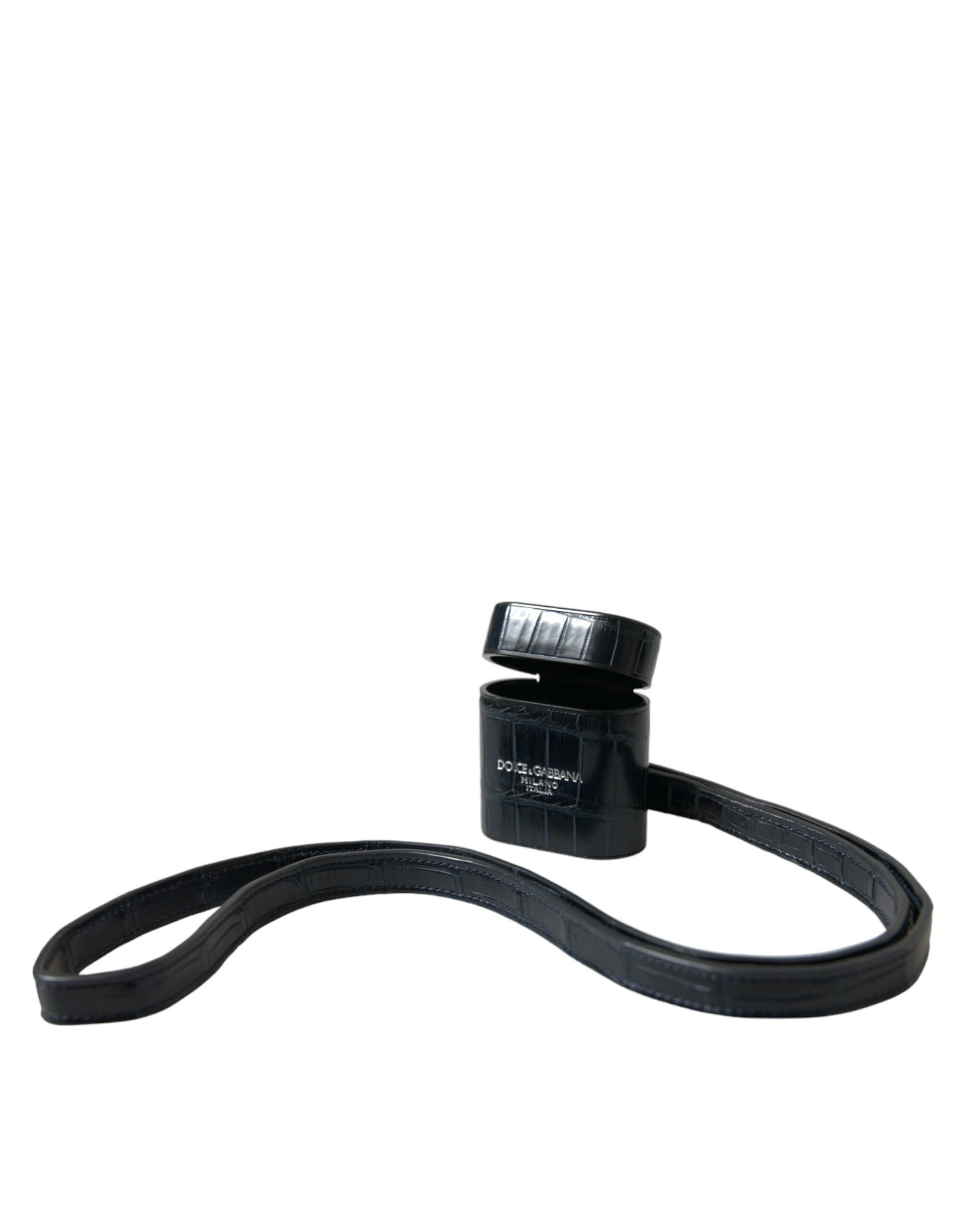 Dolce & Gabbana Schwarzes Krokodilleder Silber Metall Logo Airpods Etui
