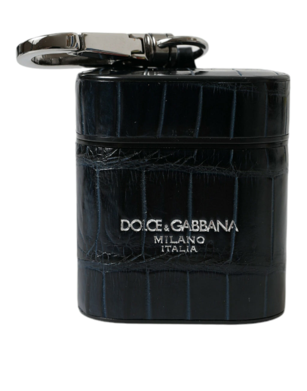 Dolce & Gabbana Schwarzes Krokodilleder Silber Metall Logo Airpods Etui