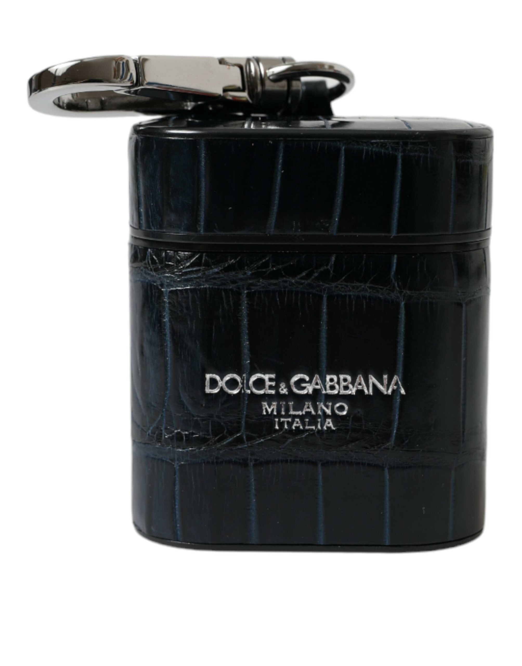 Dolce & Gabbana Schwarzes Krokodilleder Silber Metall Logo Airpods Etui