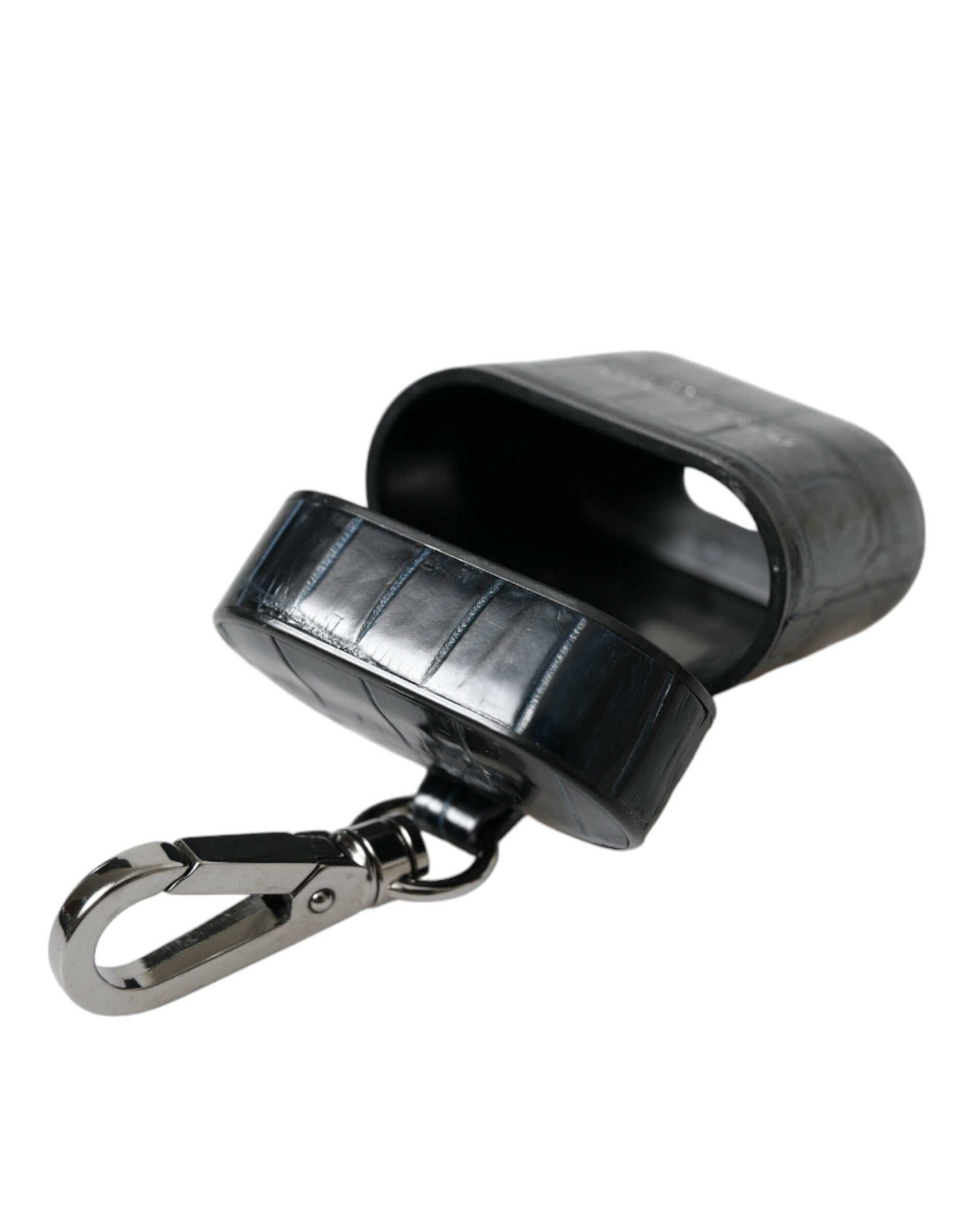 Dolce & Gabbana Schwarzes Krokodilleder Silber Metall Logo Airpods Etui