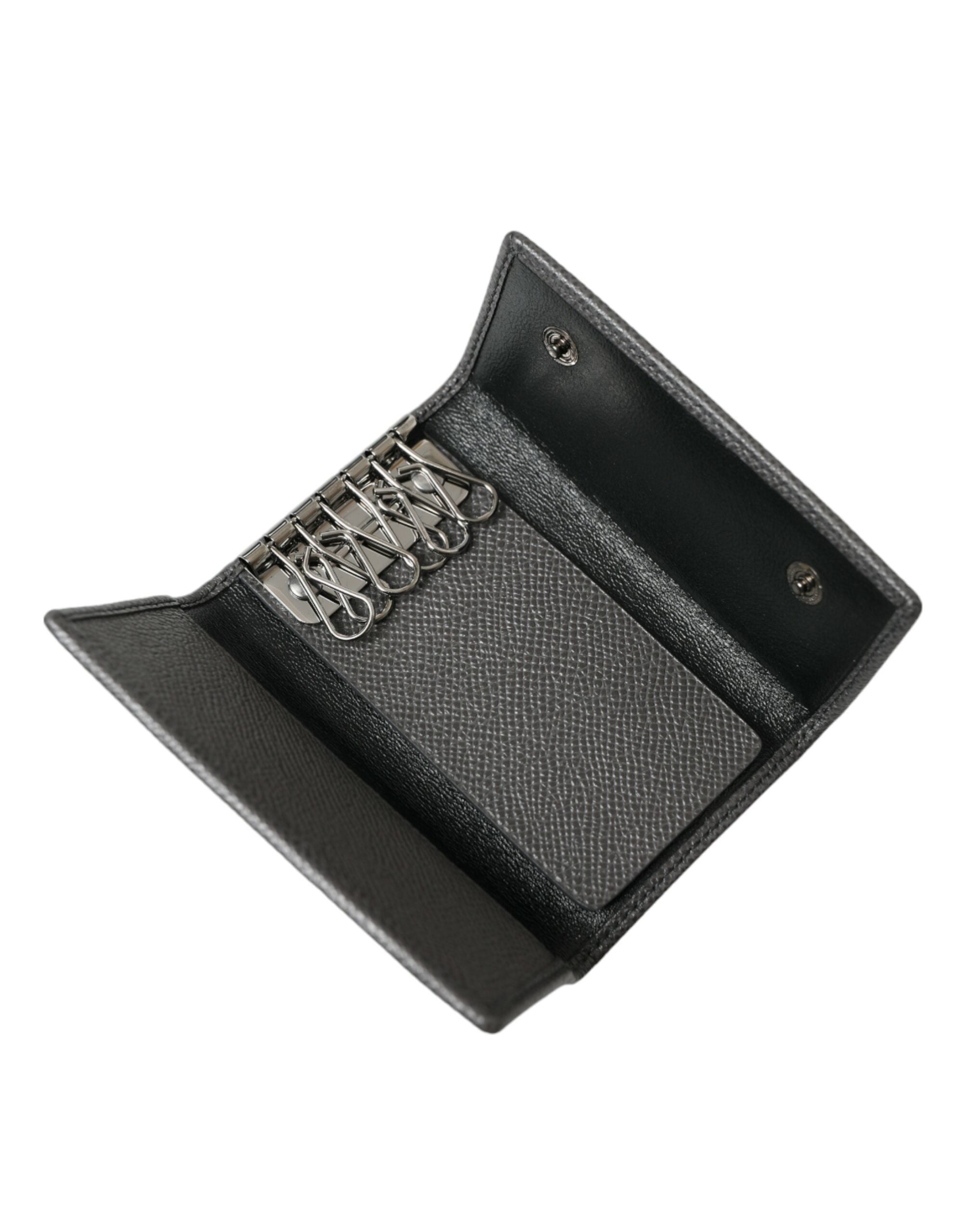 Dolce & Gabbana Graues Leder Silber Metall Logo Plaque Trifold Schlüsselanhänger