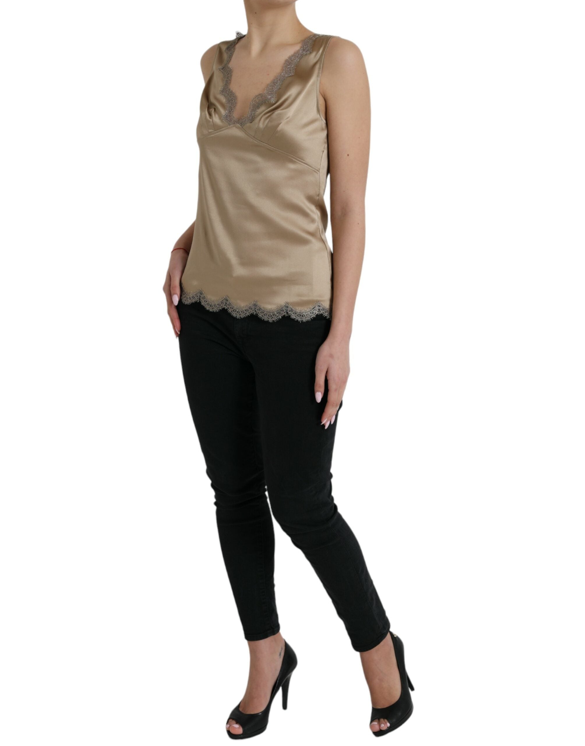 Dolce & Gabbana Braunes spitzenbesetztes ärmelloses Tanktop mit V-Ausschnitt