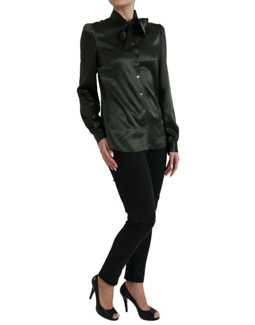 Dolce & Gabbana Graues langärmeliges Blusentop mit Ascot-Kragen