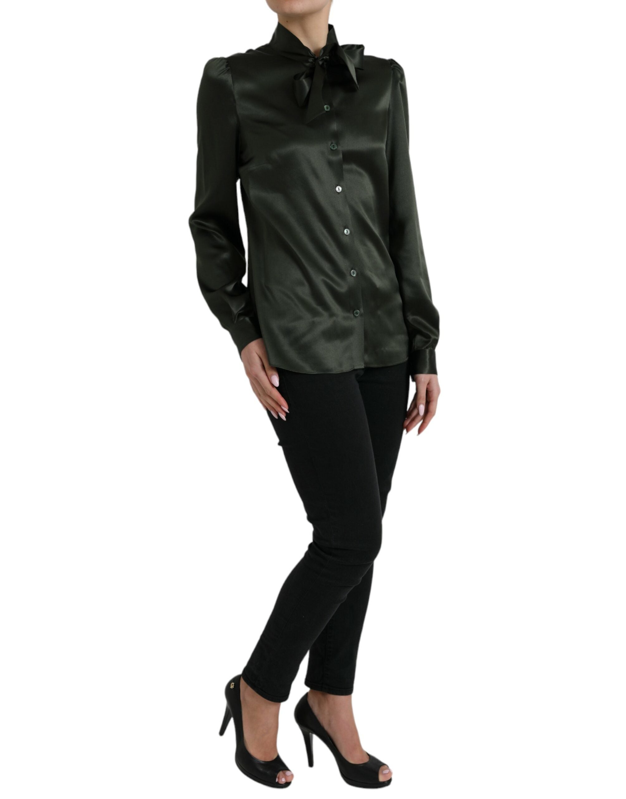 Dolce & Gabbana Graues langärmeliges Blusentop mit Ascot-Kragen