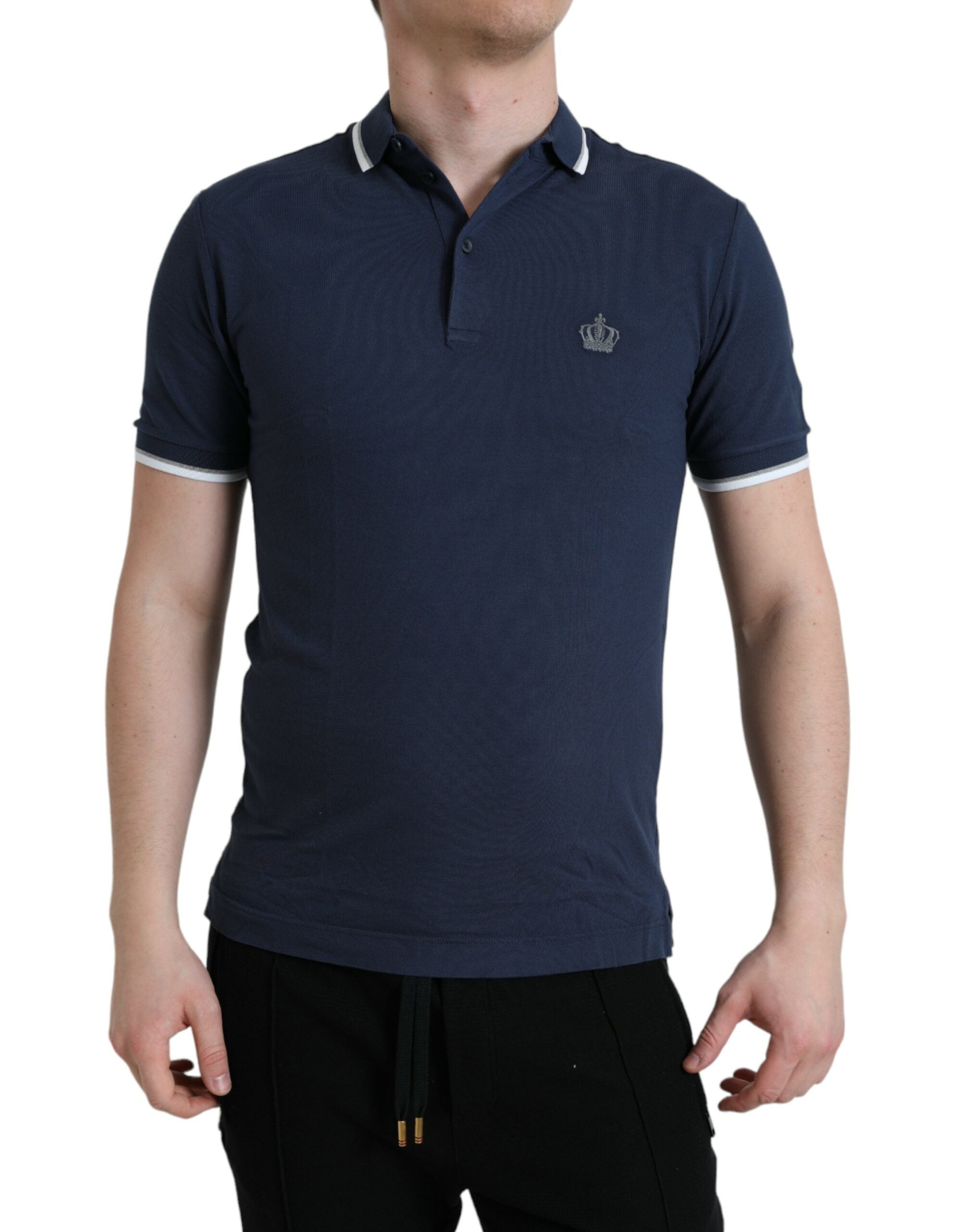 Dolce & Gabbana Blaues Crown Patch Baumwoll-Polo-T-Shirt mit Kragen für Männer