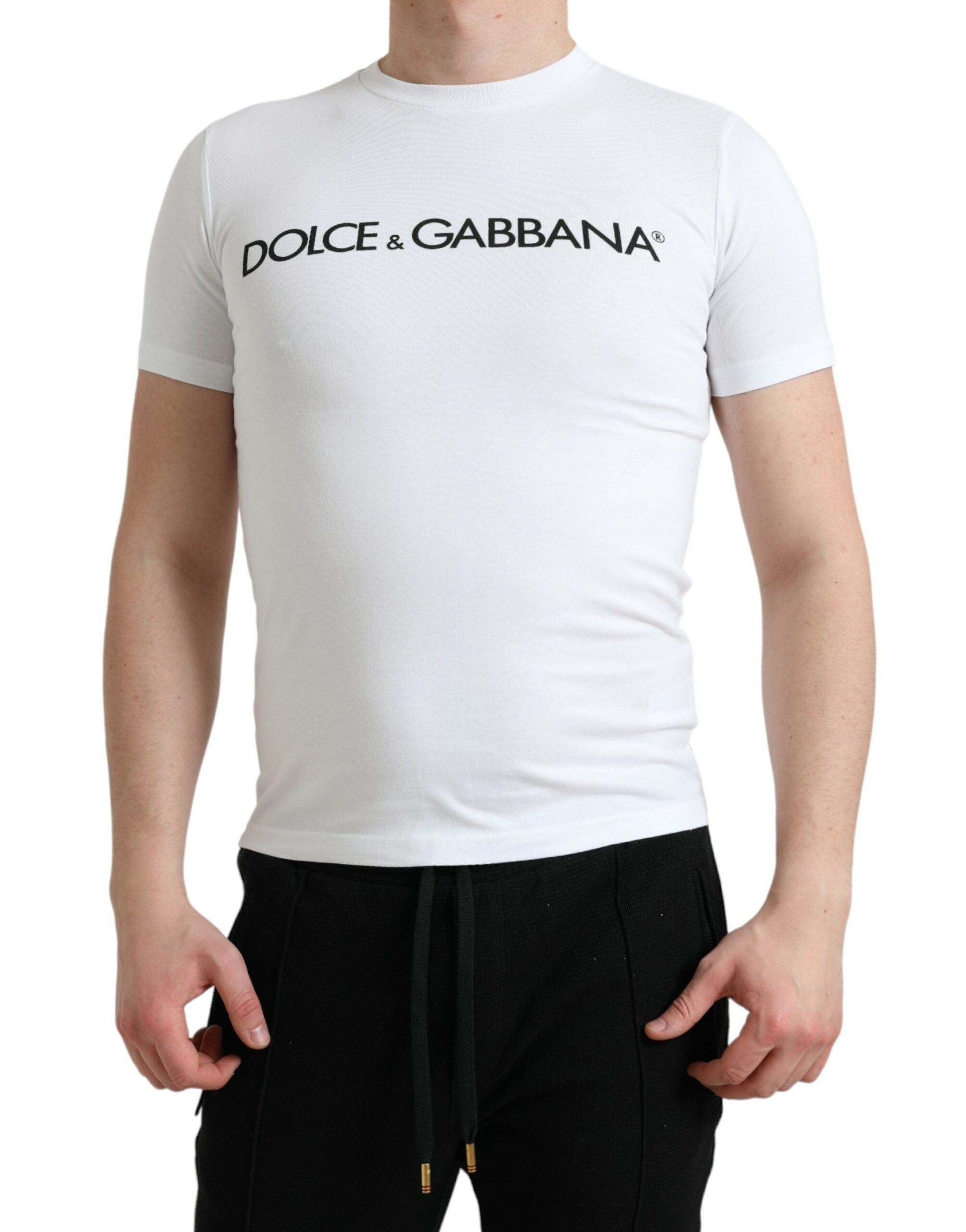 Dolce & Gabbana Weißes T-Shirt mit Rundhalsausschnitt und Logodruck aus Baumwolle