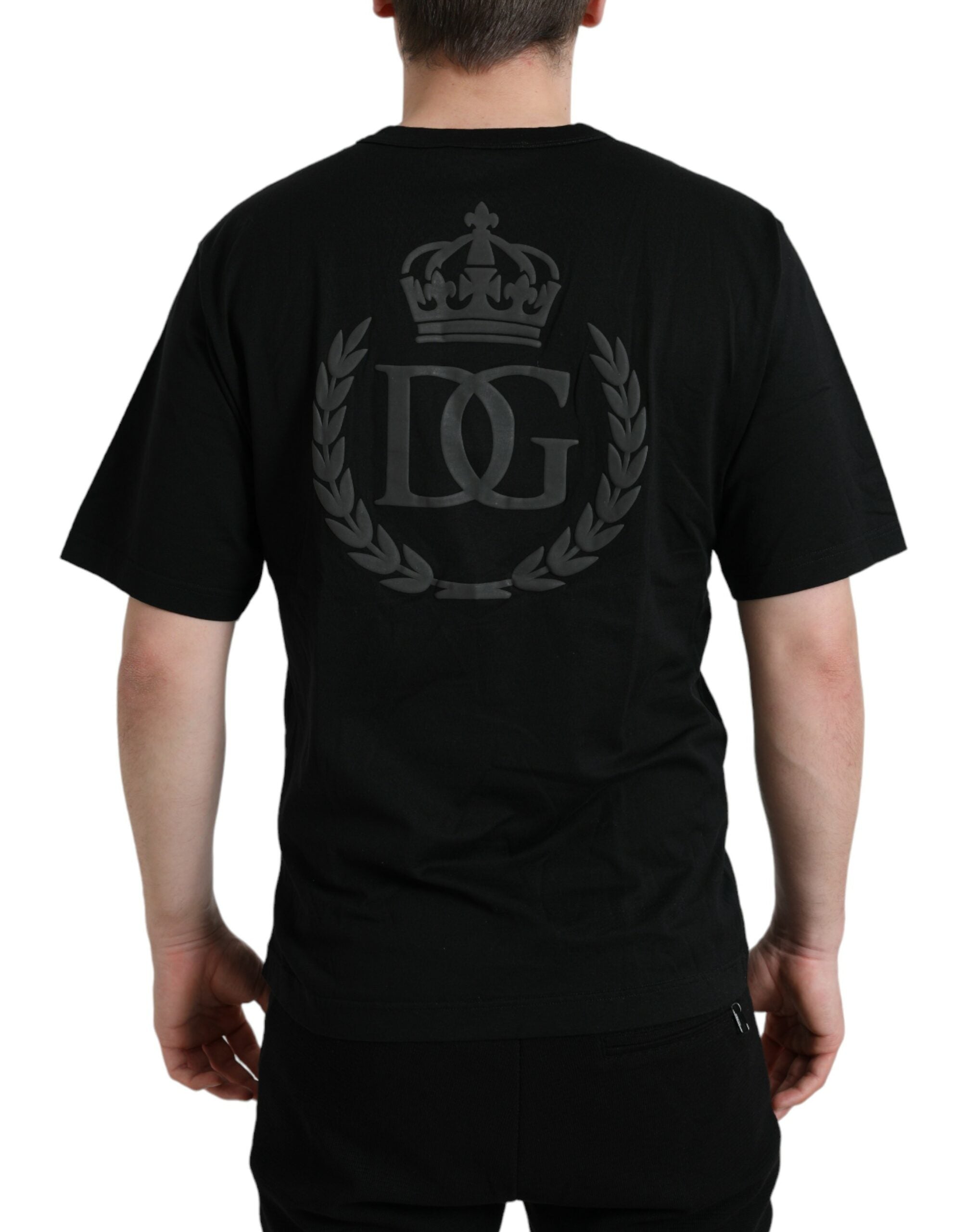 Dolce & Gabbana Schwarzes T-Shirt mit Rundhalsausschnitt und kurzen Ärmeln mit Logo-Prägung