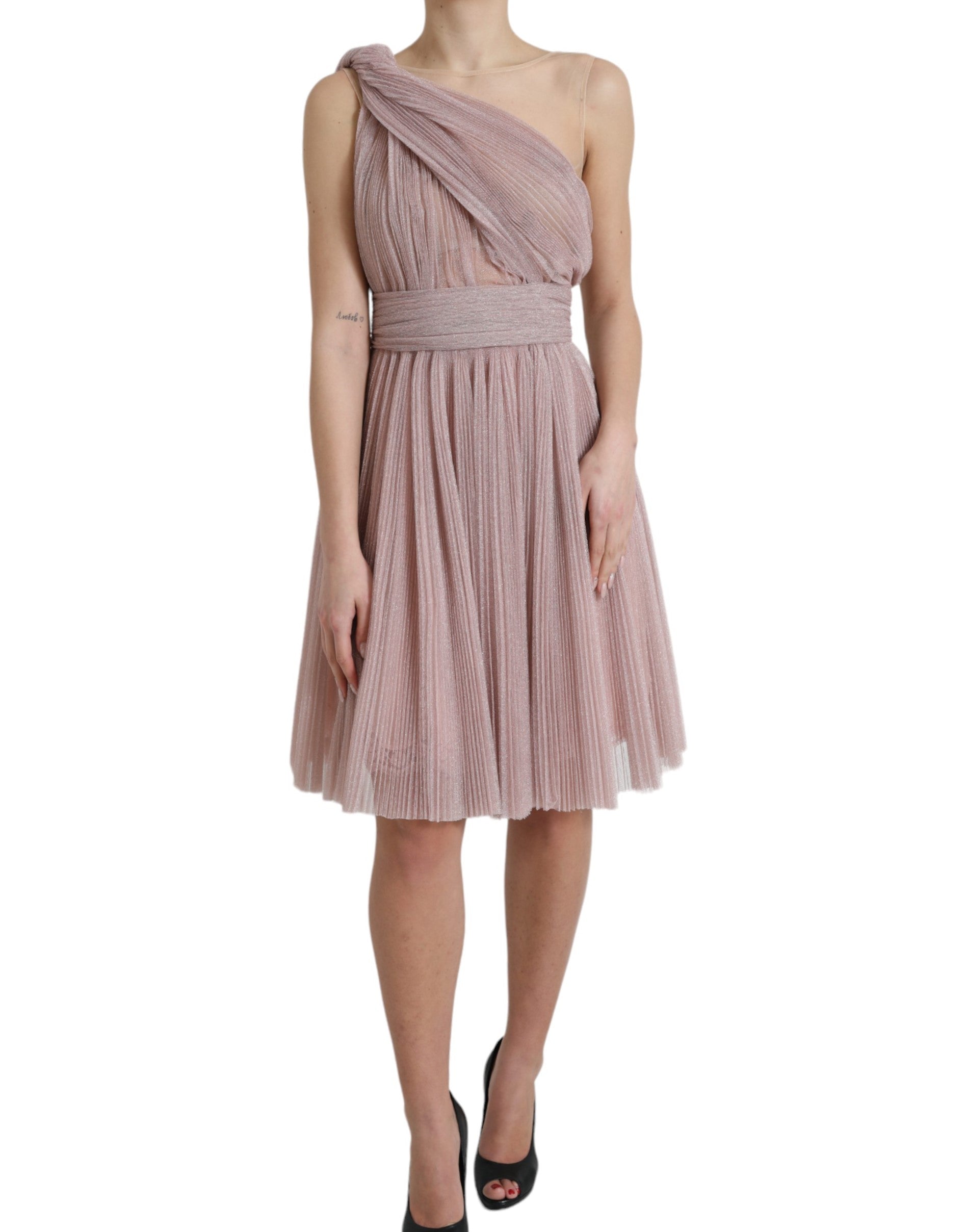 Dolce & Gabbana Fliederfarbenes plissiertes Kleid aus lamelliertem Tüll mit einer Schulter
