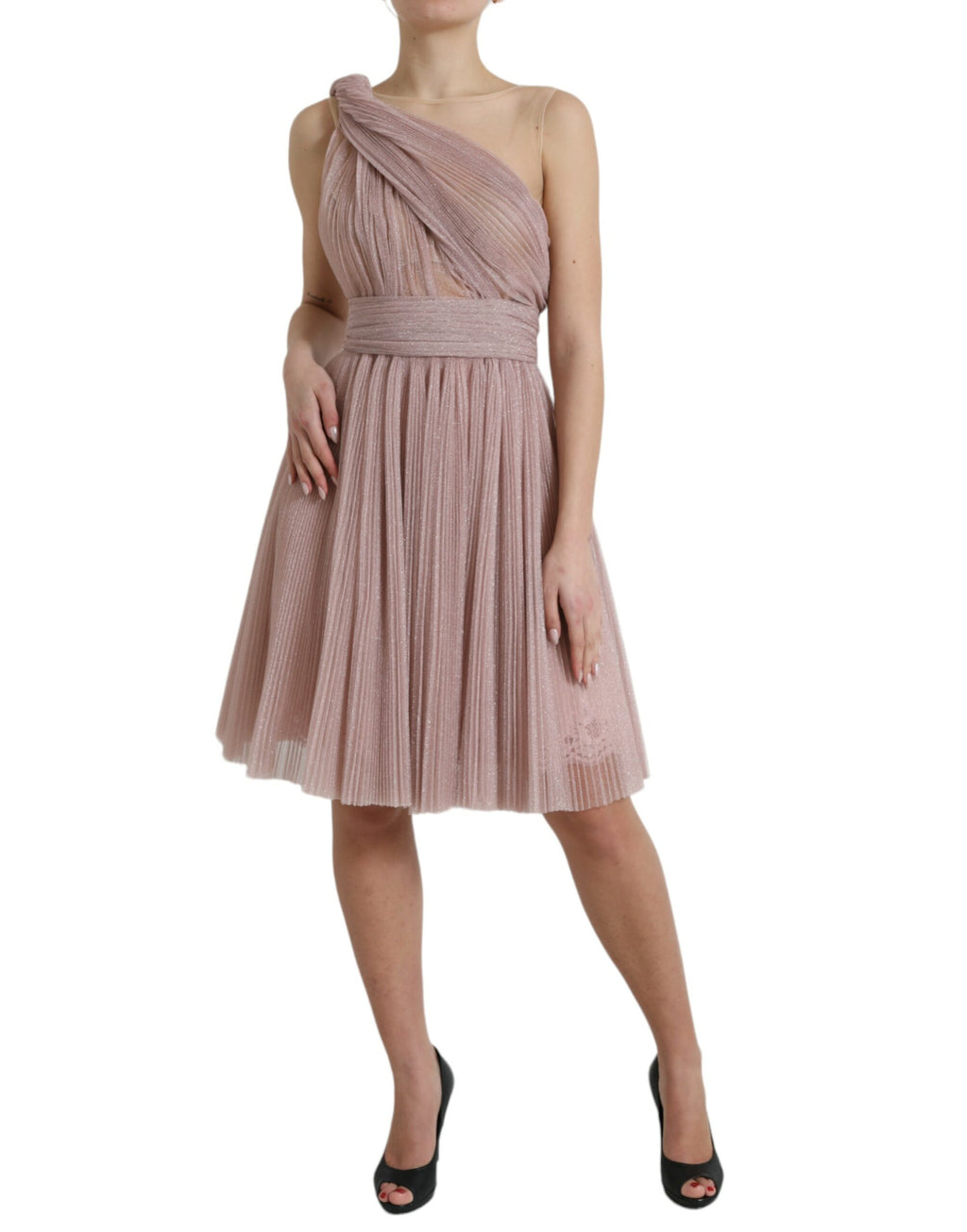 Dolce & Gabbana Fliederfarbenes plissiertes Kleid aus lamelliertem Tüll mit einer Schulter