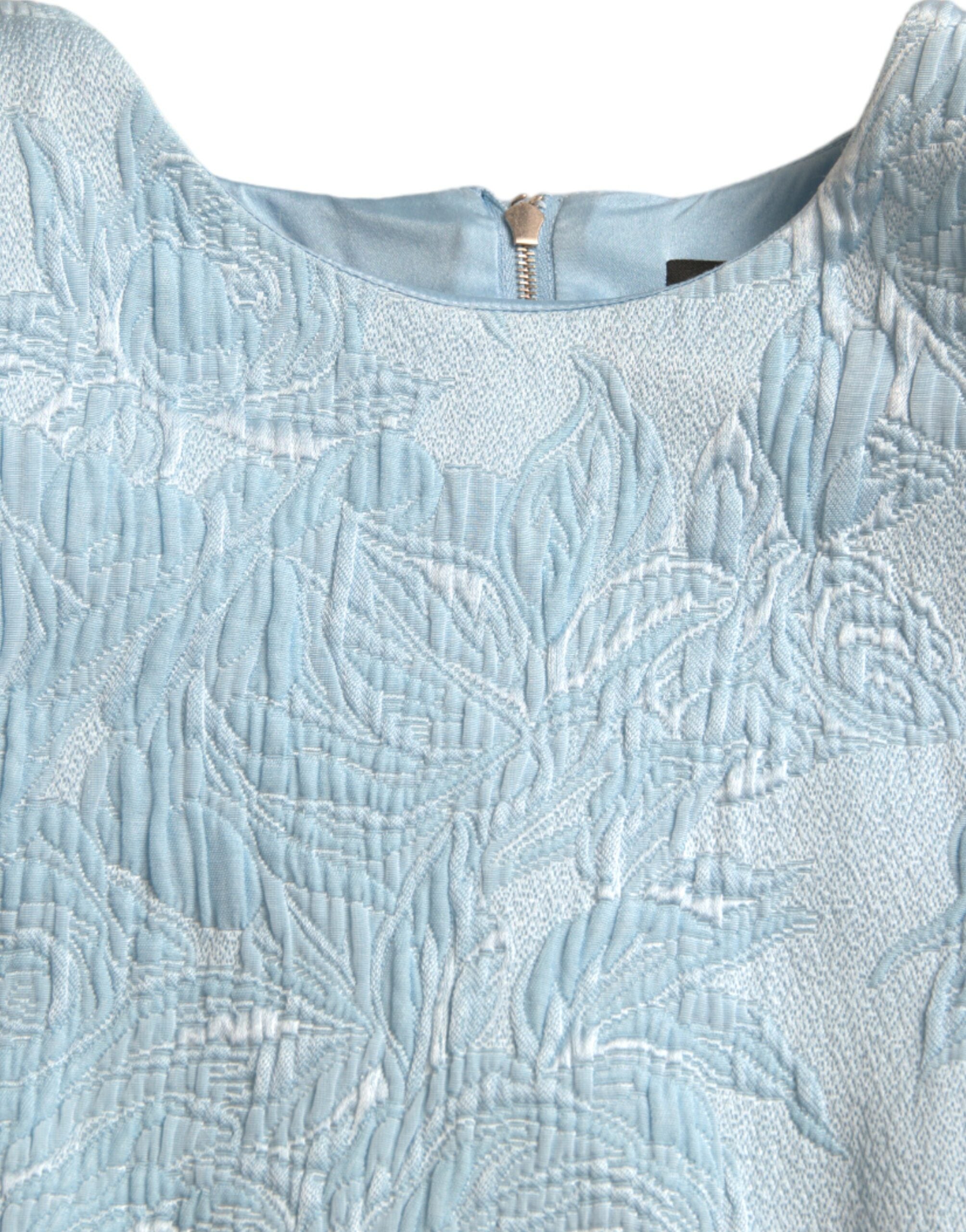 Dolce & Gabbana Hellblaues geblümtes Jacquard-Minikleid mit Puffärmeln