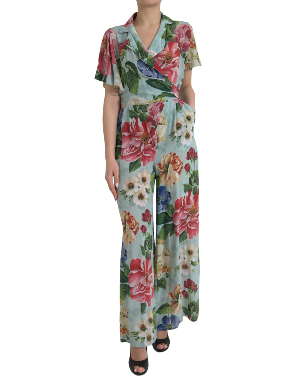 Dolce & Gabbana Blauer geblümter Wickel-Overall mit weitem Bein