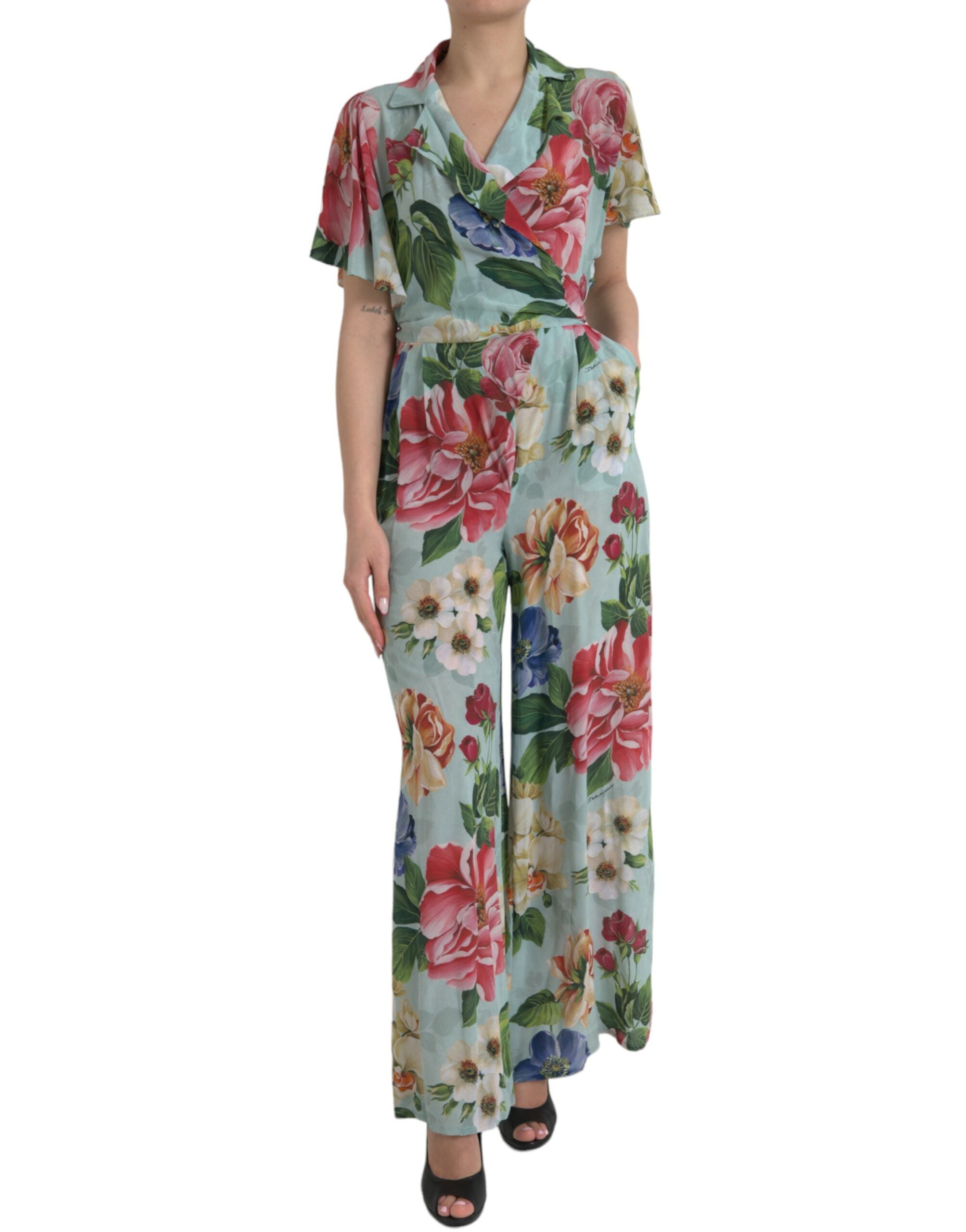 Dolce & Gabbana Blauer geblümter Wickel-Overall mit weitem Bein