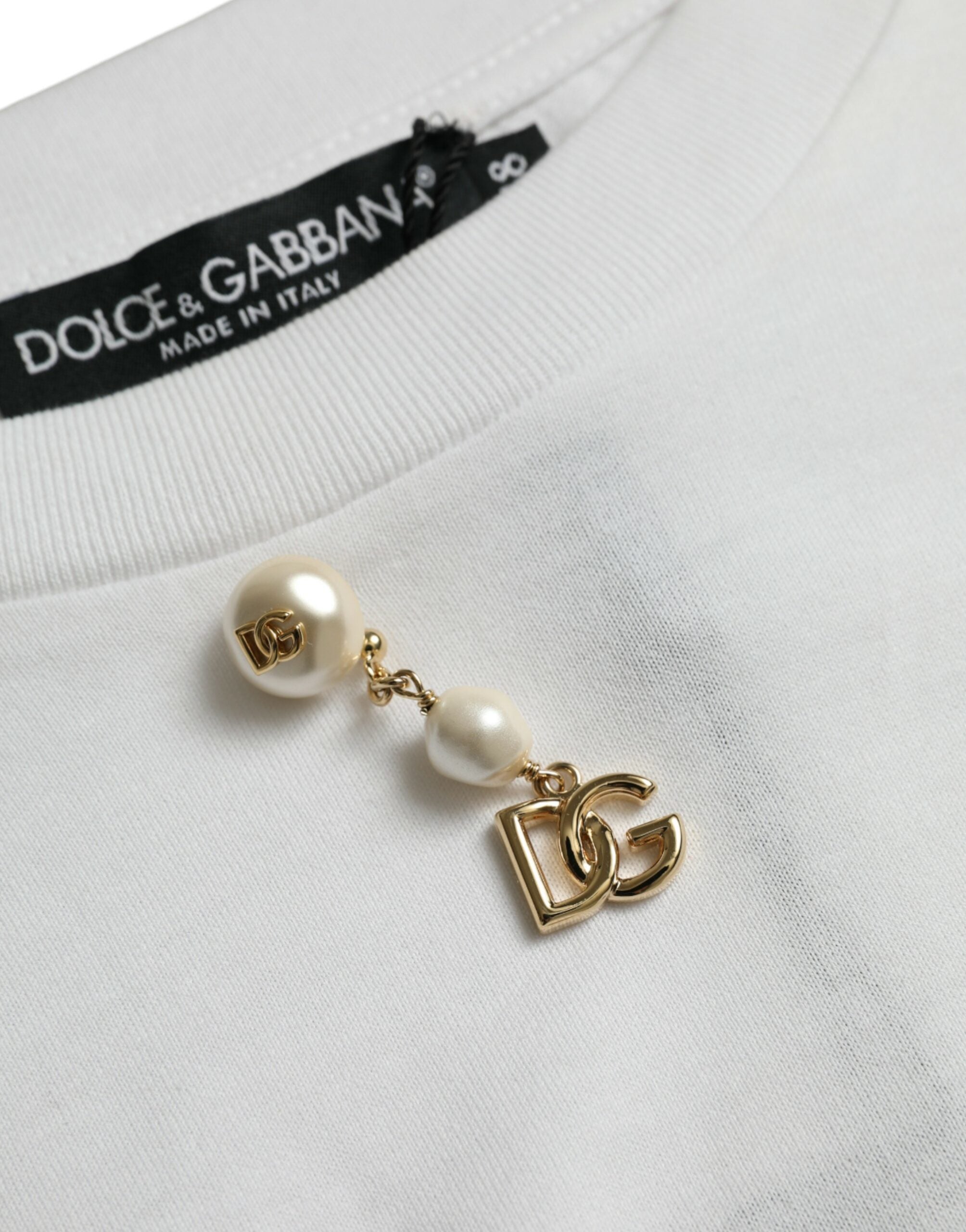 Dolce & Gabbana Weißes T-Shirt mit Rundhalsausschnitt aus Baumwolle mit Verzierungen