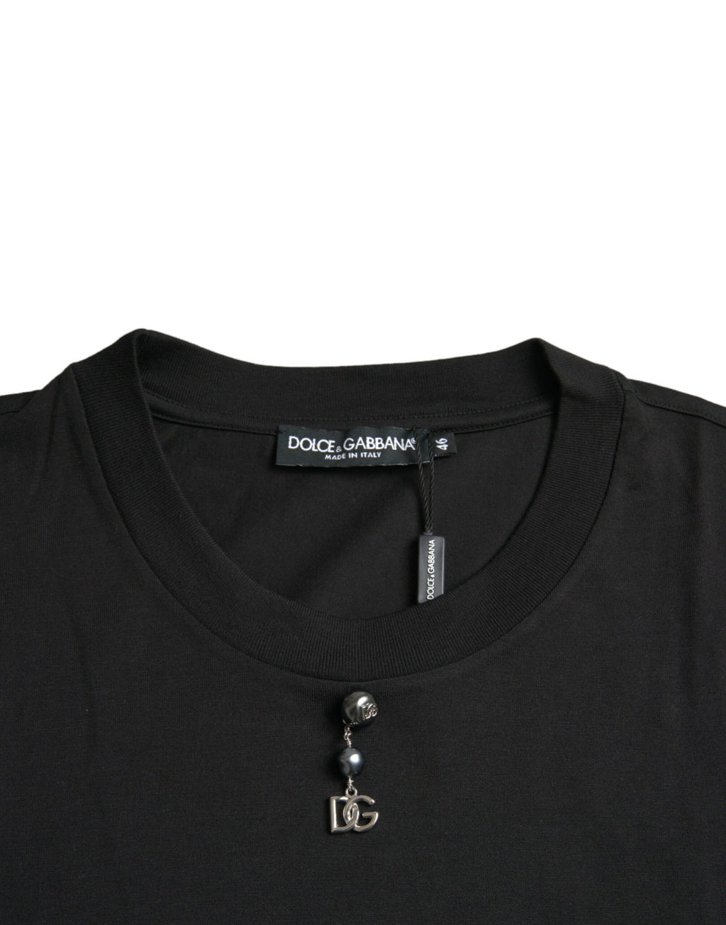 Dolce & Gabbana Schwarzes T-Shirt mit Rundhalsausschnitt aus Baumwolle mit Verzierungen