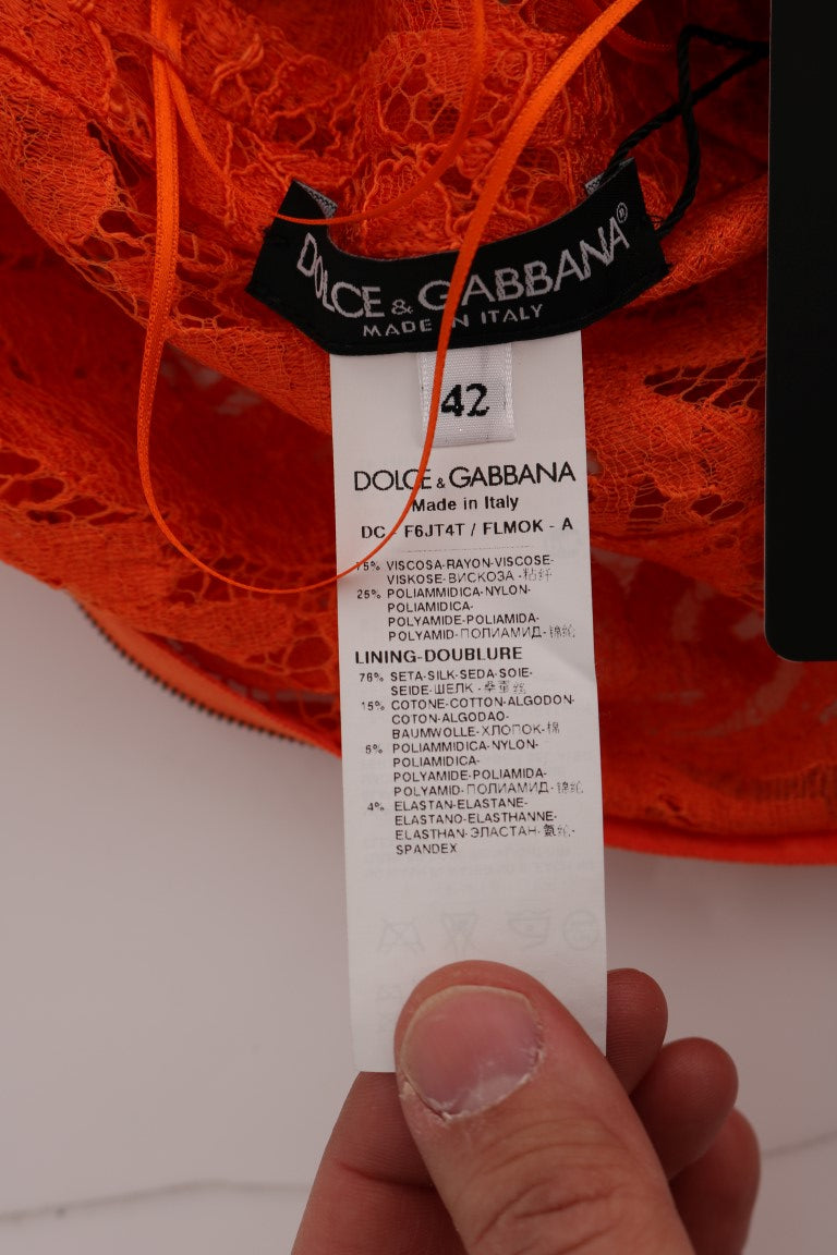 Dolce & Gabbana Orangefarbenes geblümtes langes Ricamo Etuikleid