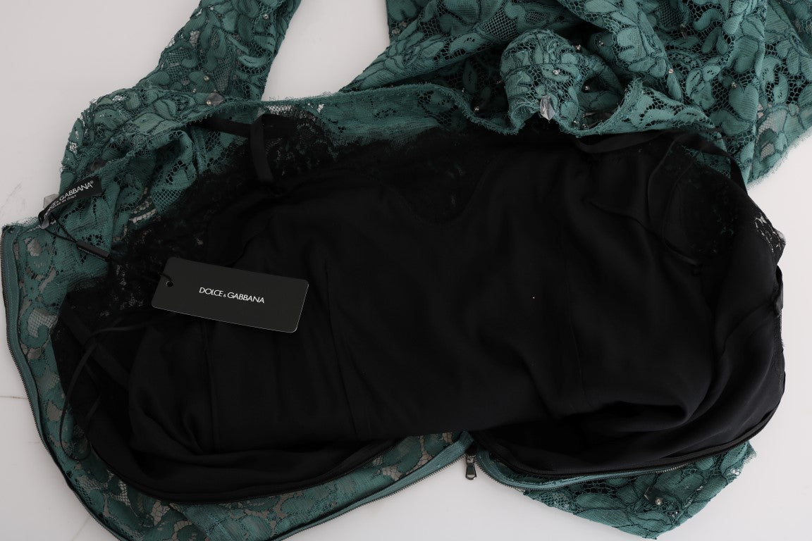 Dolce & Gabbana Grünes geblümtes Crystal Ricamo Etuikleid