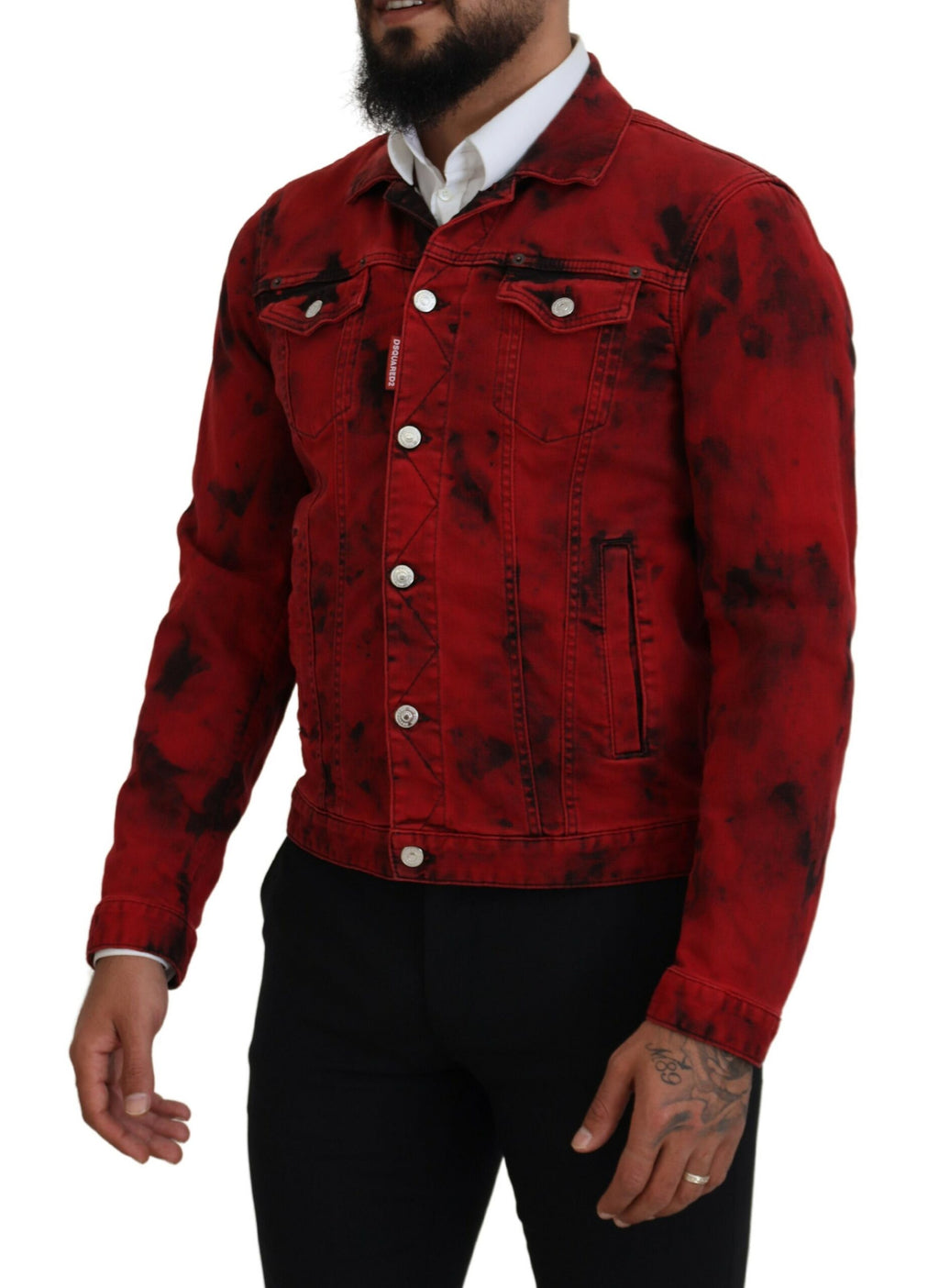 Dsquared² Rot Schwarz Krawatte Farbstoff Collared Männer Denim Jacke