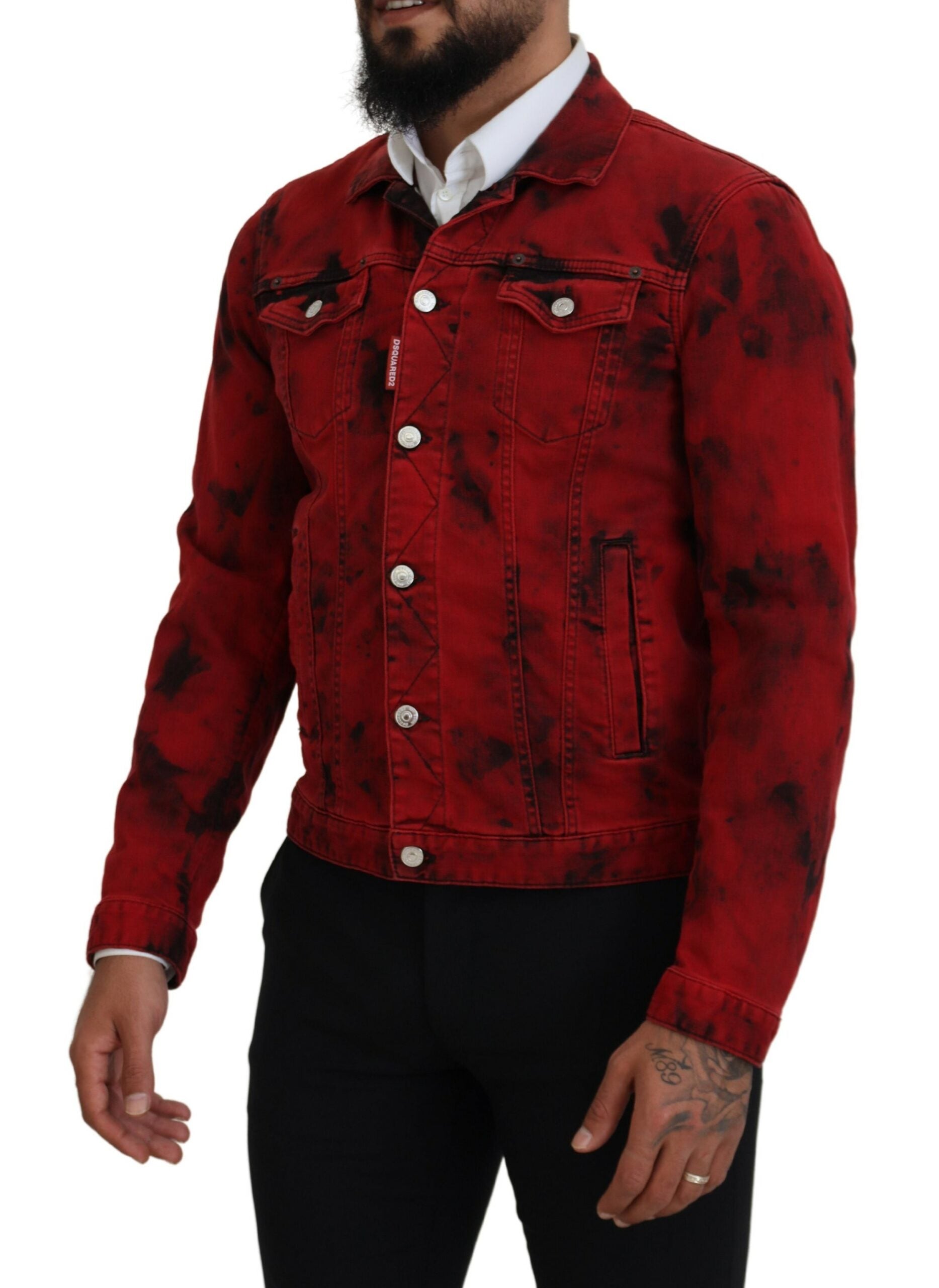 Dsquared² Rot Schwarz Krawatte Farbstoff Collared Männer Denim Jacke