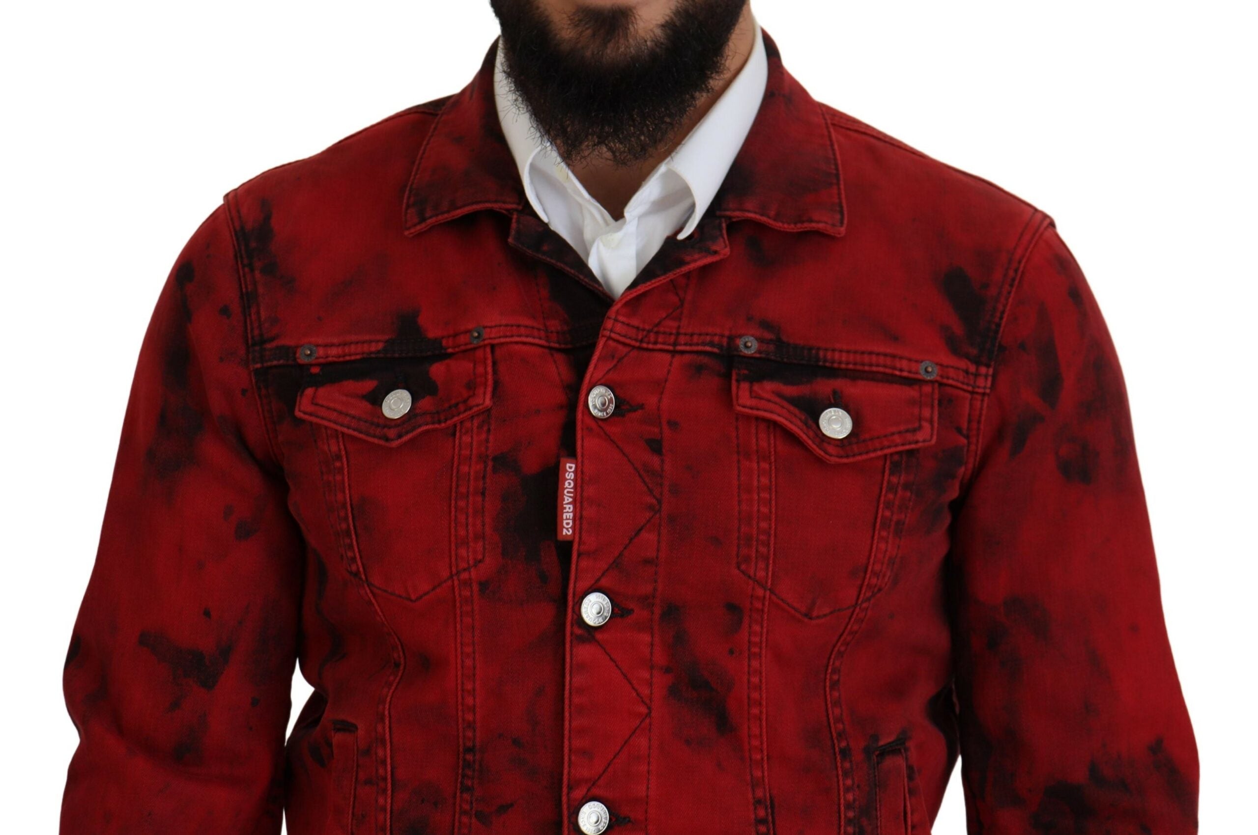 Dsquared² Rot Schwarz Krawatte Farbstoff Collared Männer Denim Jacke