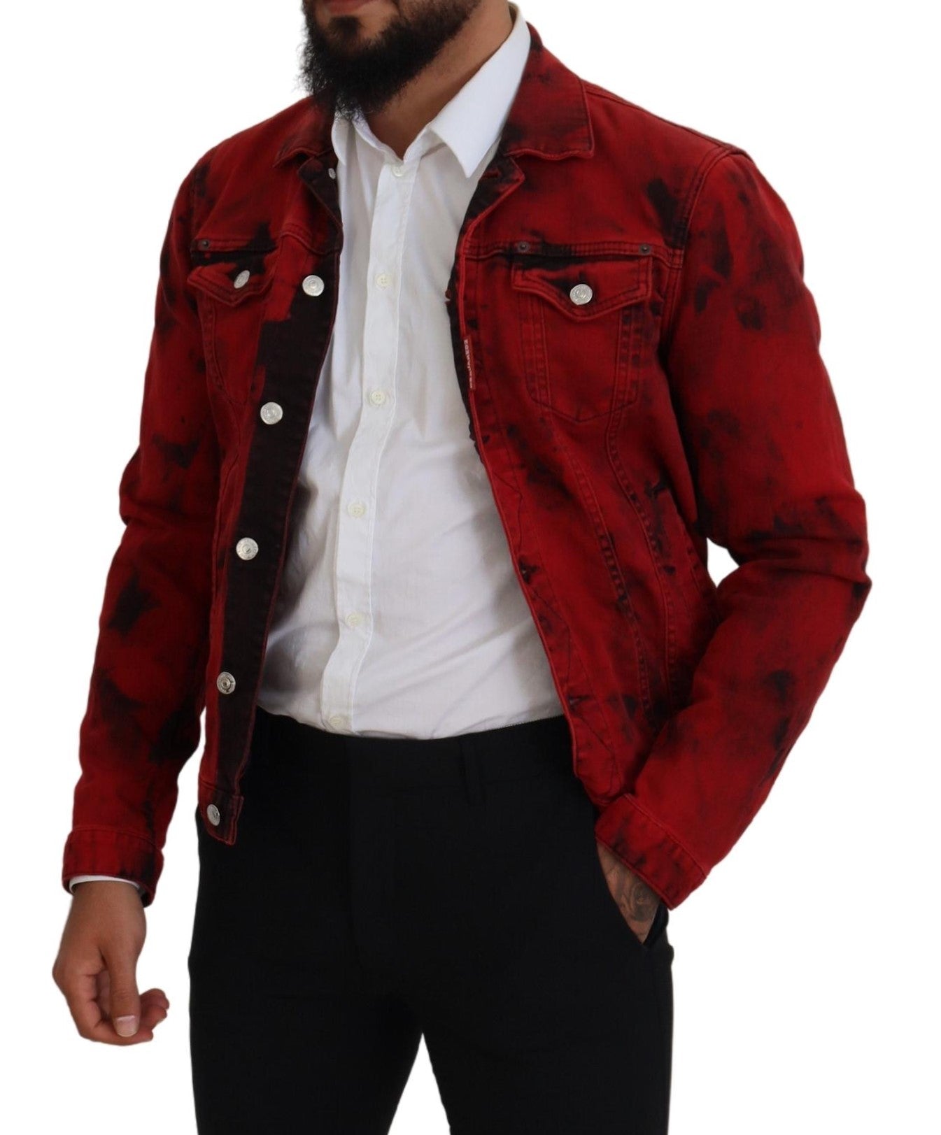 Dsquared² Rot Schwarz Krawatte Farbstoff Collared Männer Denim Jacke