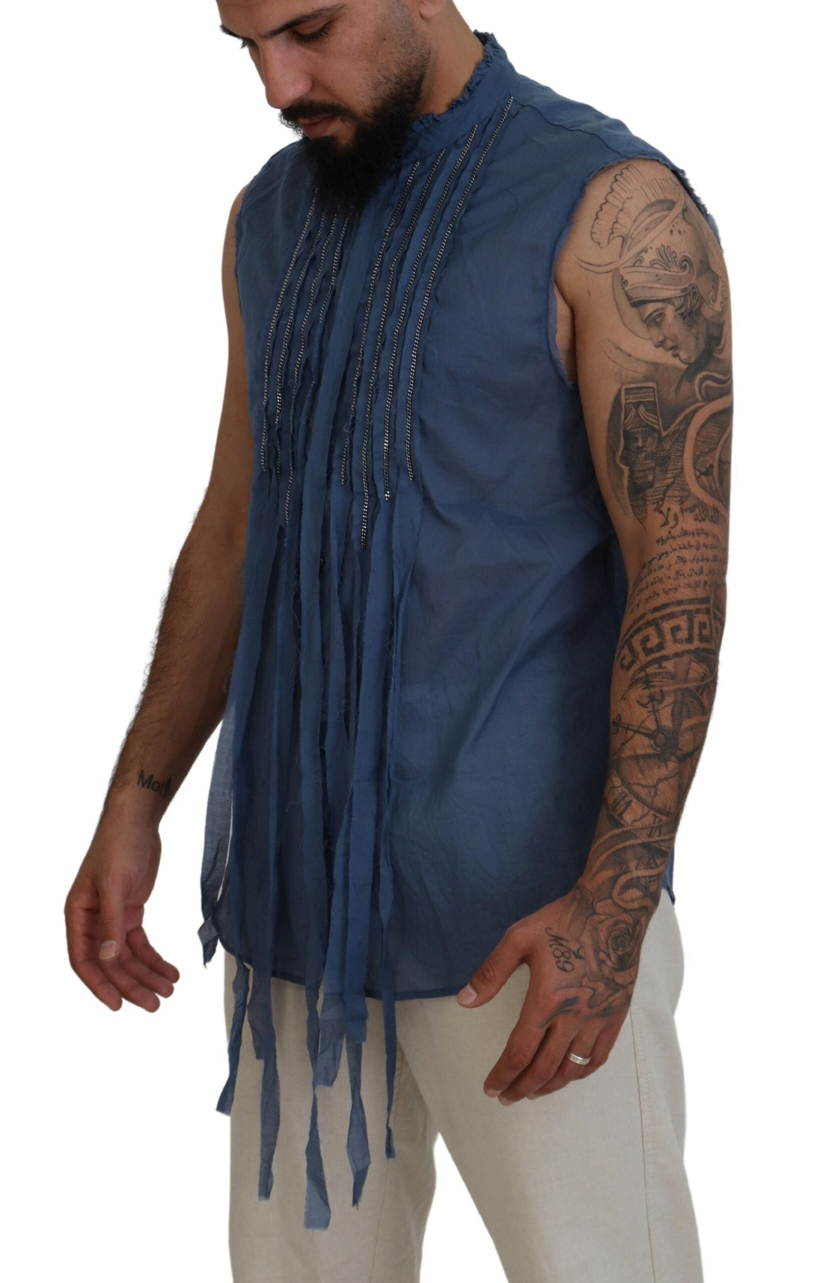 Dsquared² Blaues ärmelloses Hemd mit Kettenverzierung aus Baumwolle