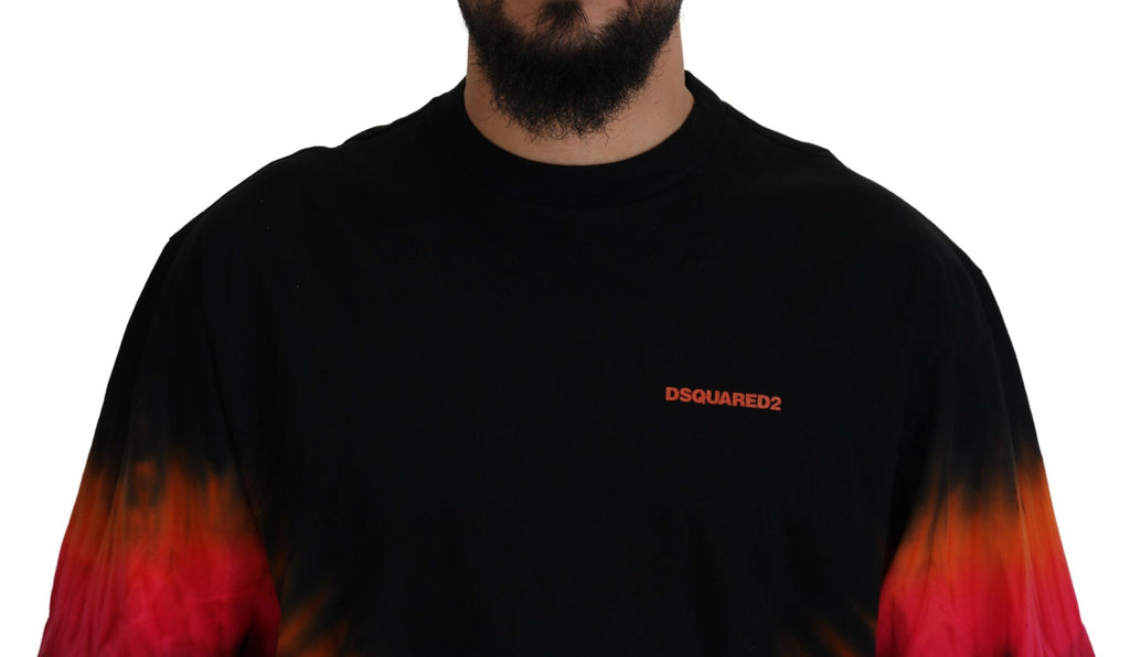 Dsquared² Schwarz-orangefarbenes Baumwoll-T-Shirt mit kurzen Ärmeln und Rundhalsausschnitt