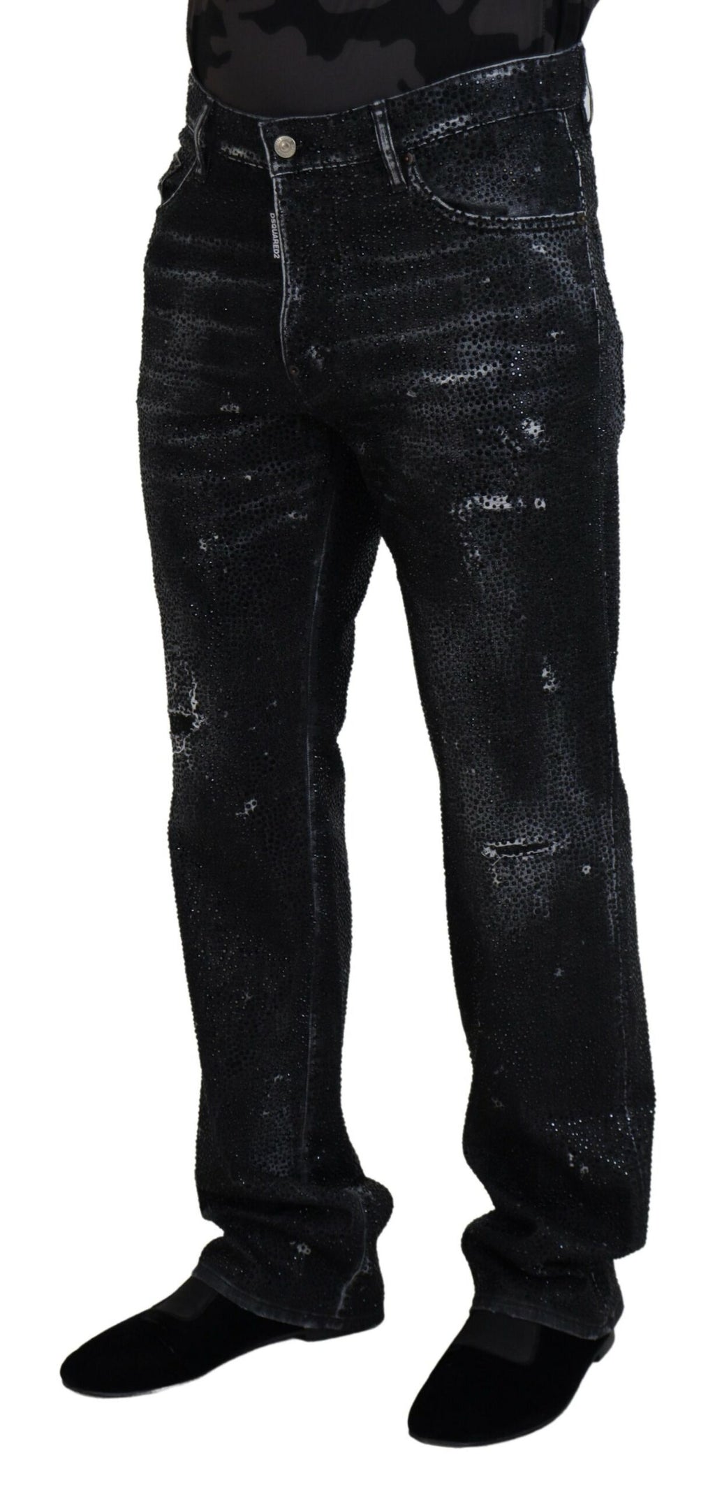 Dsquared² Schwarze, kristallverzierte, zerrissene Denim-Jeans