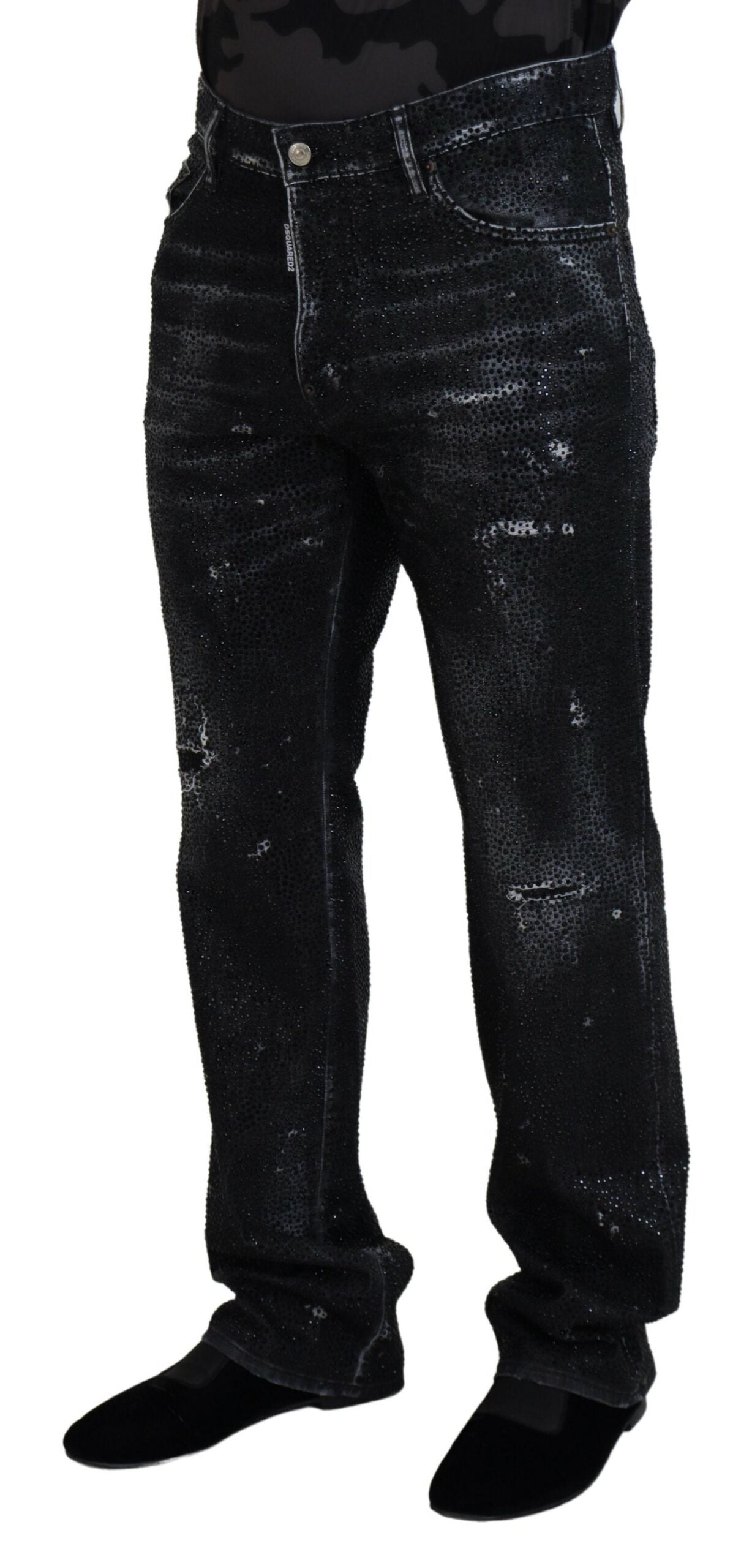 Dsquared² Schwarze, kristallverzierte, zerrissene Denim-Jeans