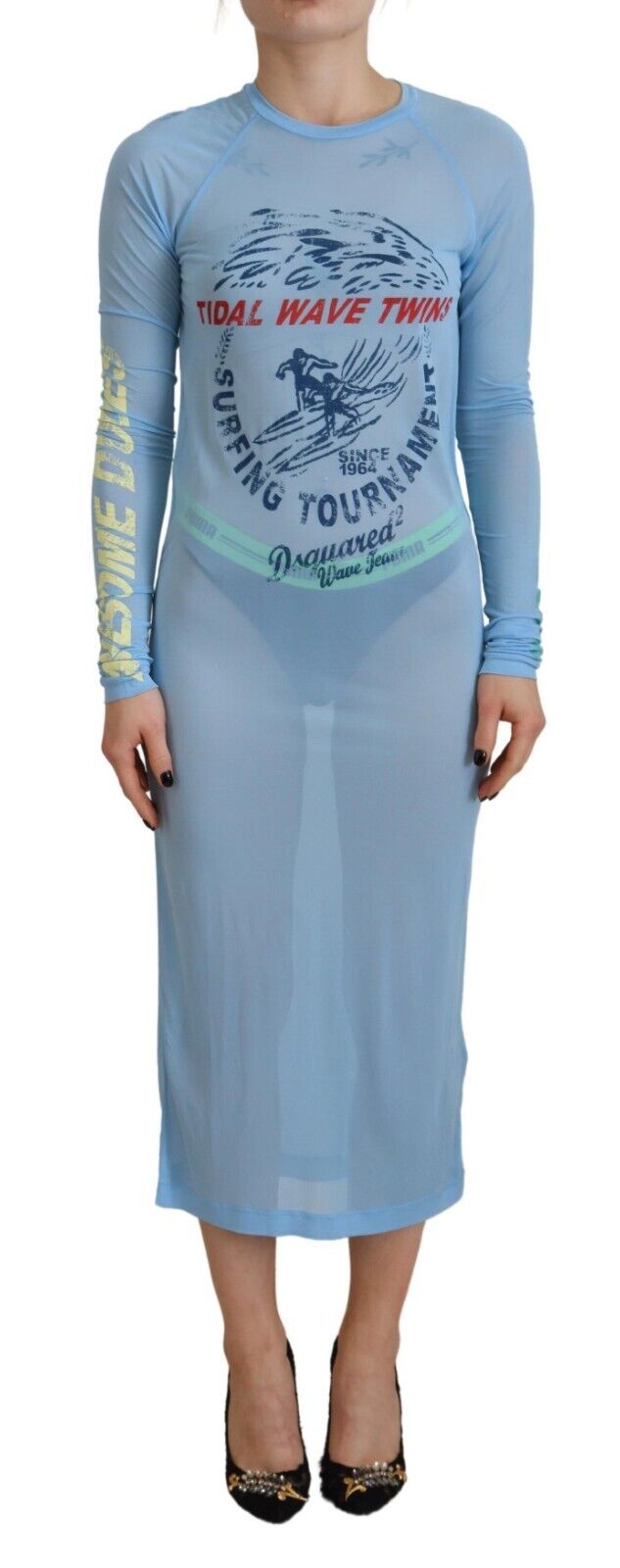 Dsquared² Blau bedrucktes Kleid mit langen Ärmeln aus Viskose