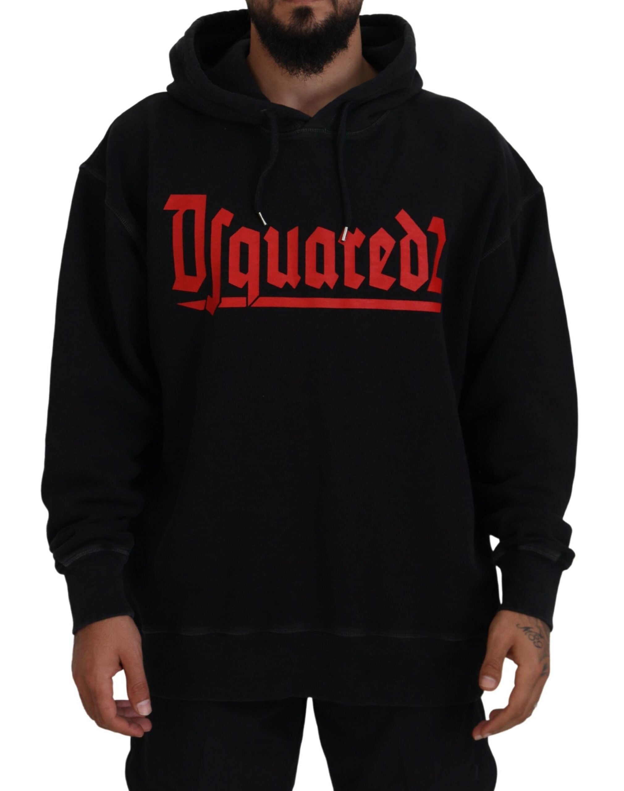 Dsquared² Schwarzer Baumwollpullover mit Kapuze, bedruckt, Herrenpullover